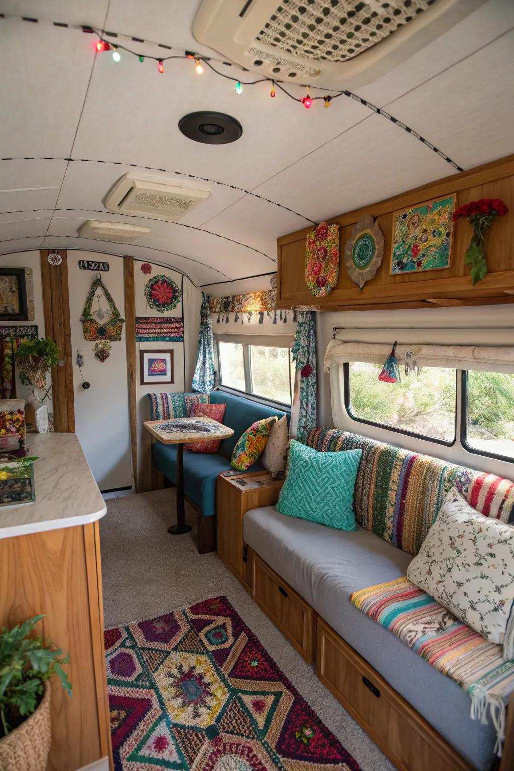 The interior of a recreational vehicle exhibiting individualized embellishments, thereby echoing the proprietor's distinct stylistic inclination.