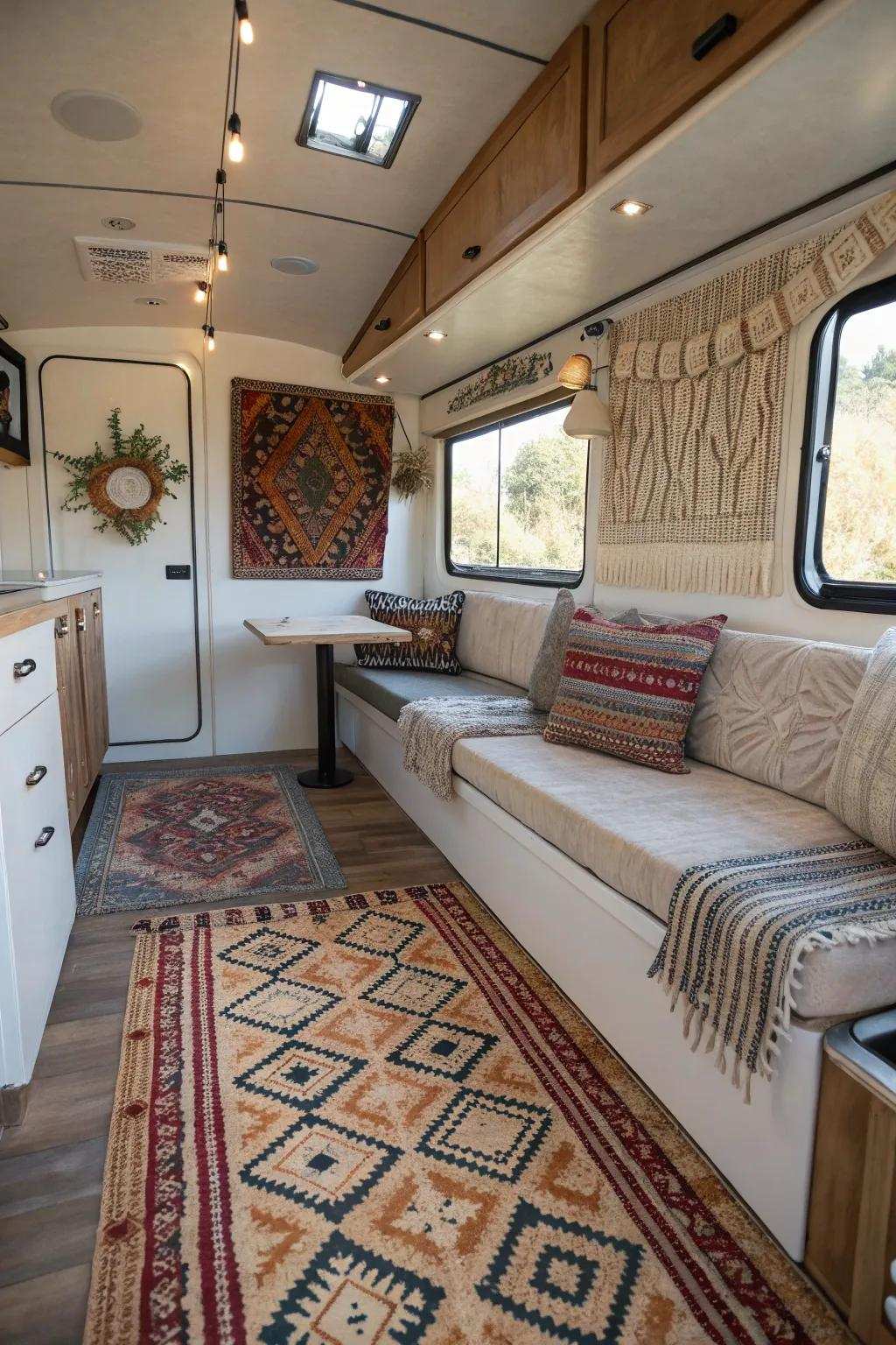 The interior of a recreational vehicle spotlighting patterned floor coverings and textured artistic wall installations, thereby enriching its individuality.