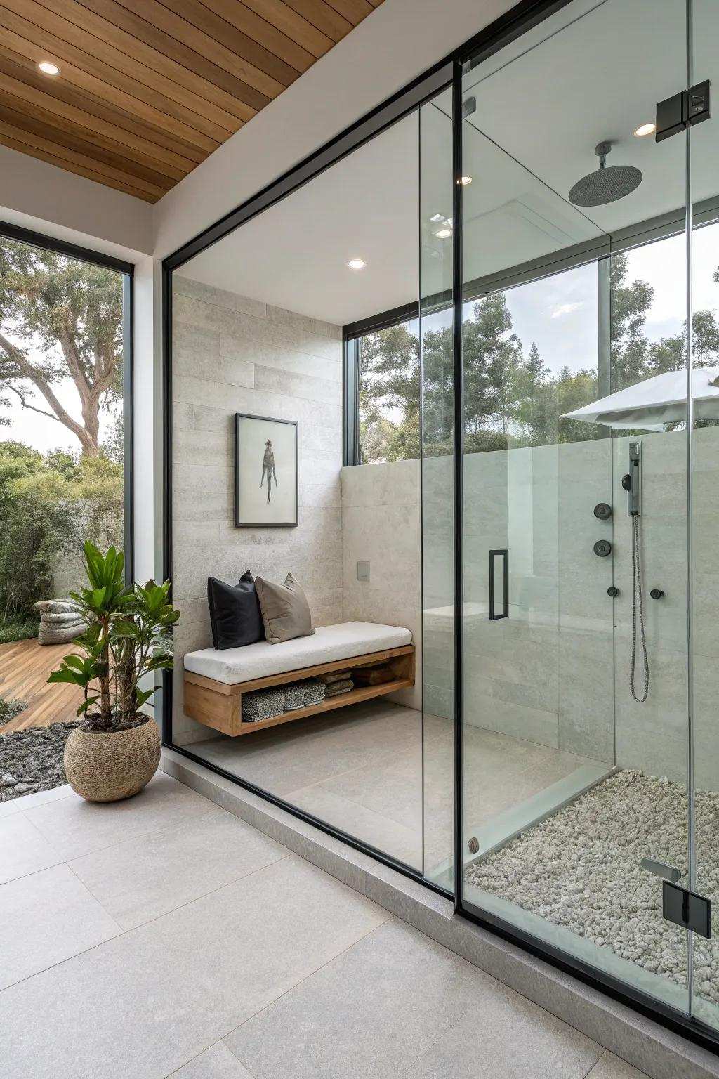 The modern elevated bench design complements the shower's contemporary style.