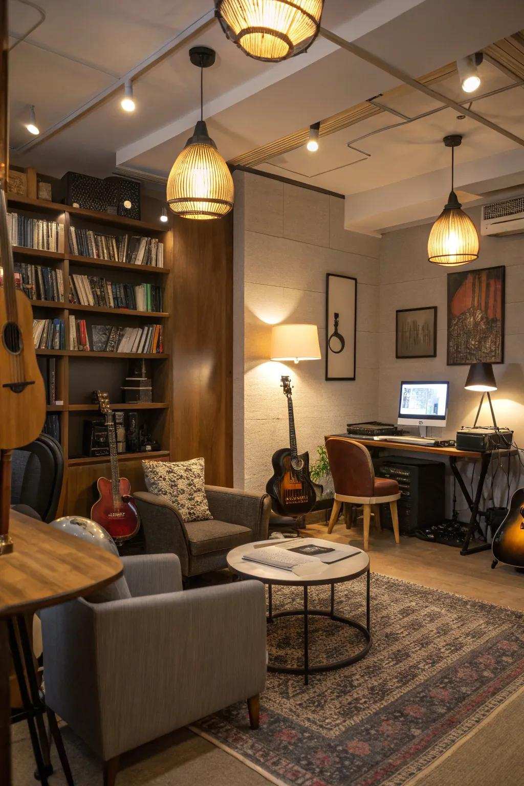 The room's ambiance is improved by the use of warm lighting.