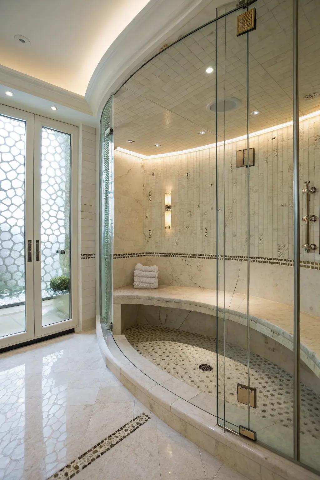 The semicircular bench gives a refined feel to the shower, enhancing its elegance.