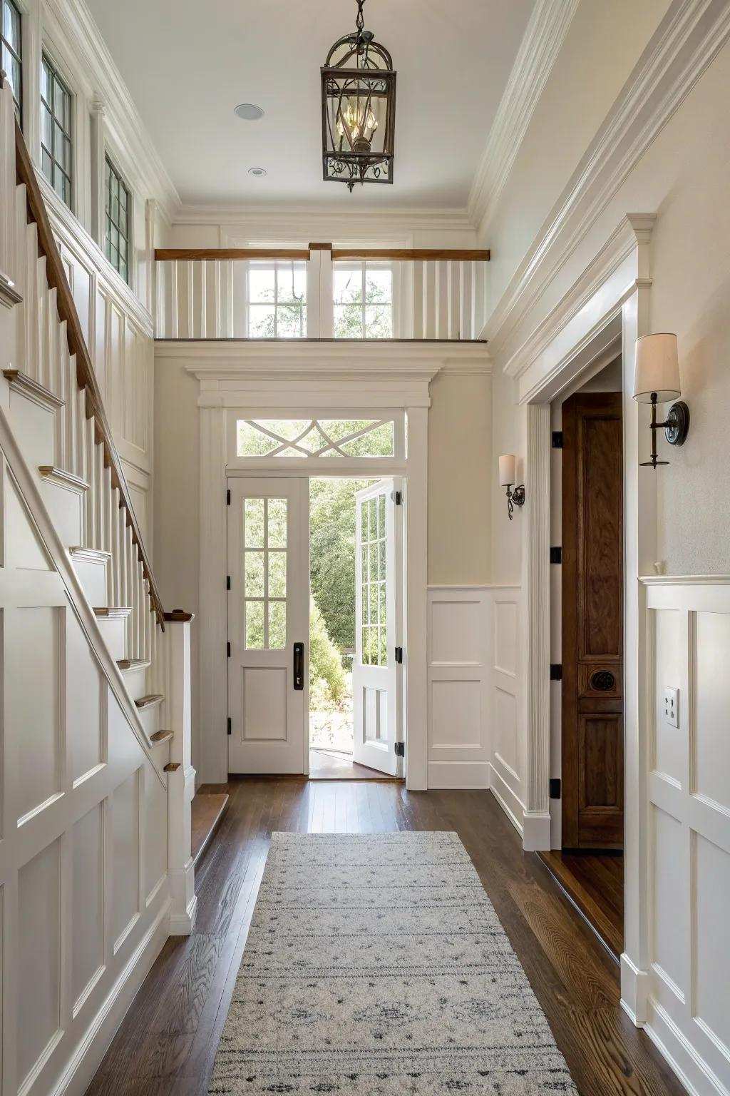 The sophistication of board and batten decorative wall treatments in a welcoming, cozy entryway.