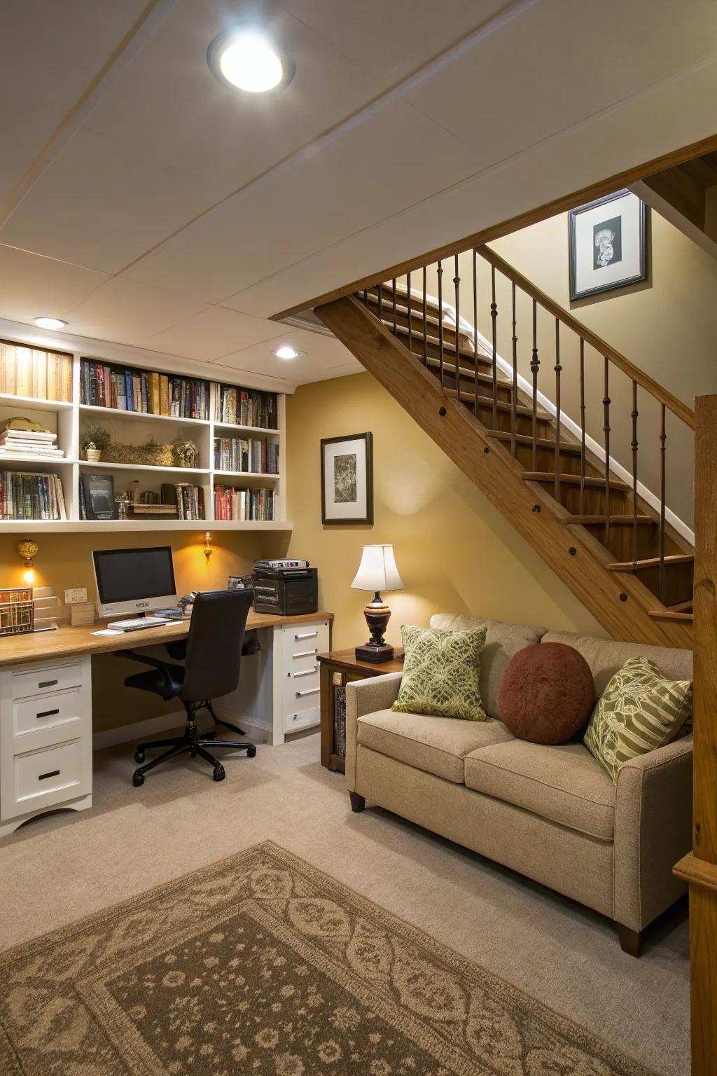 The use of space is effectively maximized by an office nook beneath the staircase.