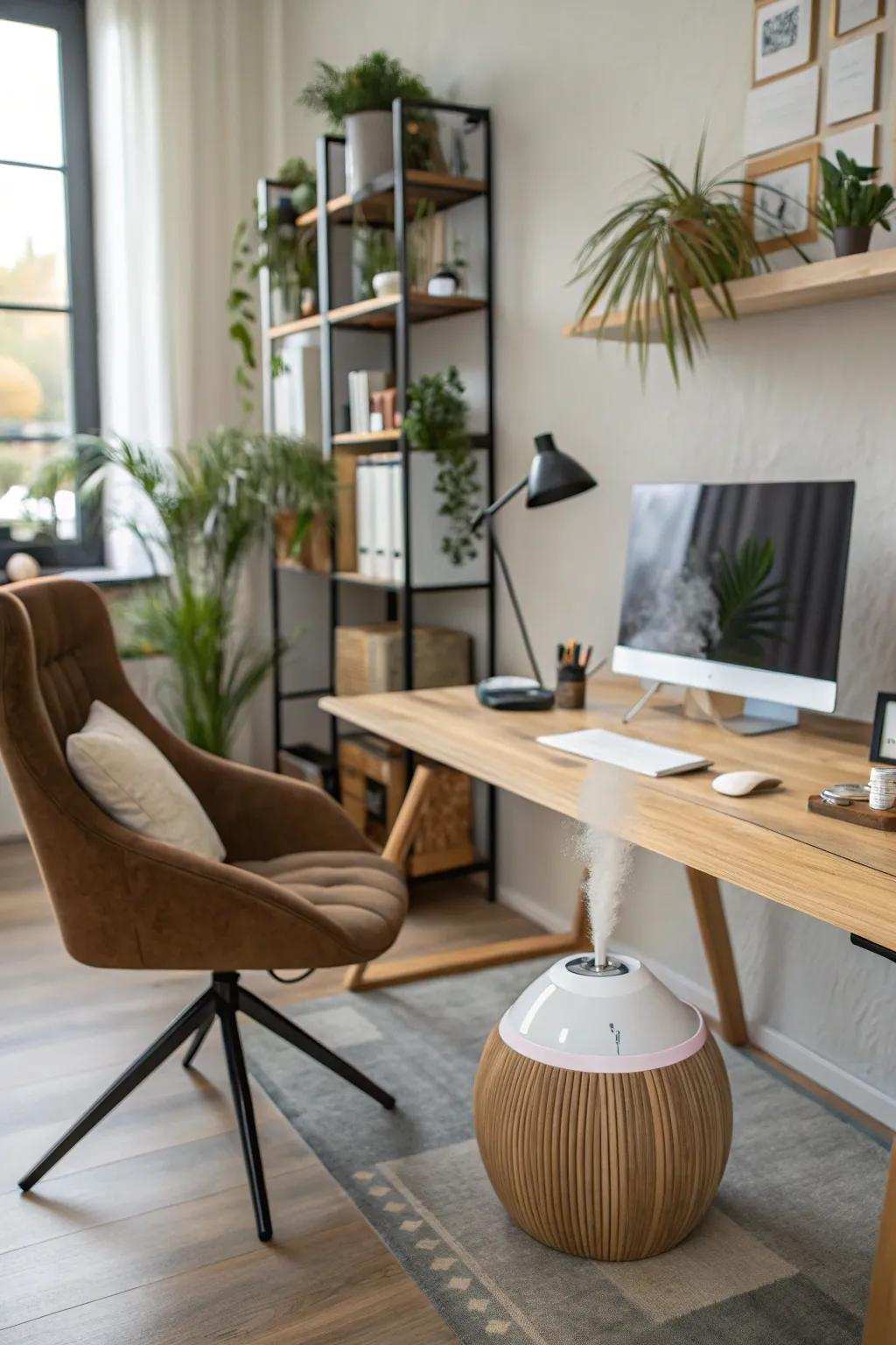 The workspace is given scent and style by a decorative diffuser.