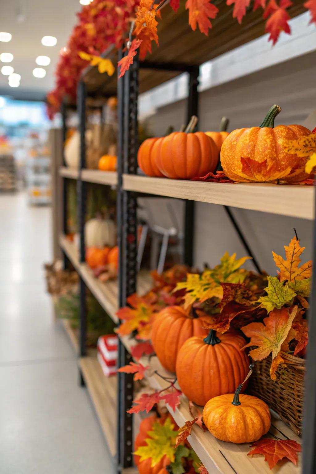 Themed decorations like gourds and foliage maintain the shelf's freshness.