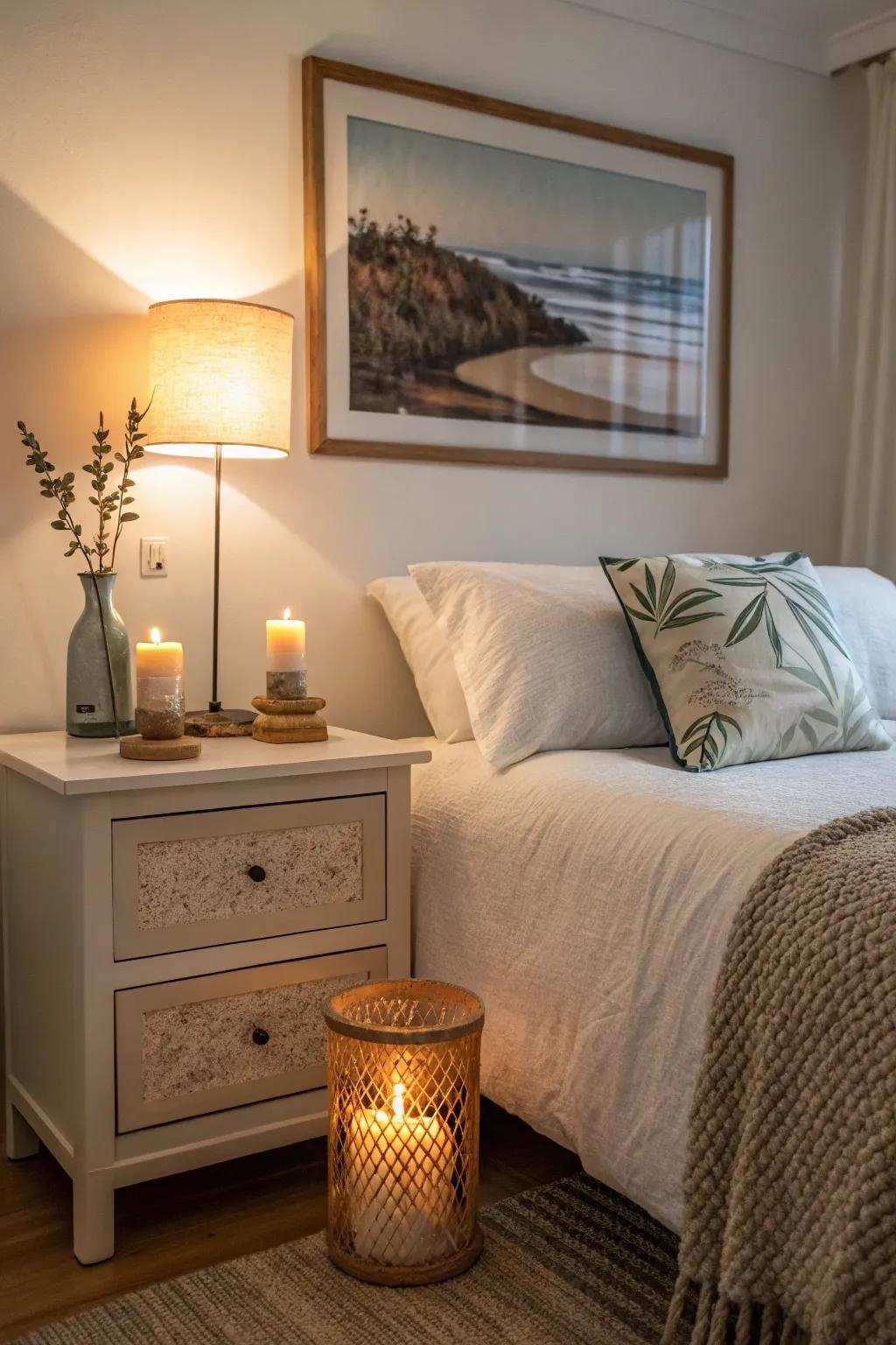 Thoughtful decorations like candles and art add warmth.