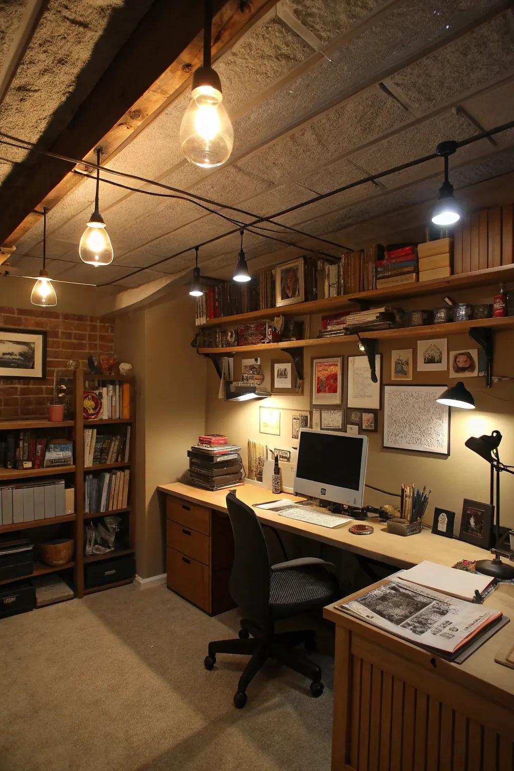 Thoughtful lighting transforms a basement lacking windows into a cheerful, inviting office.