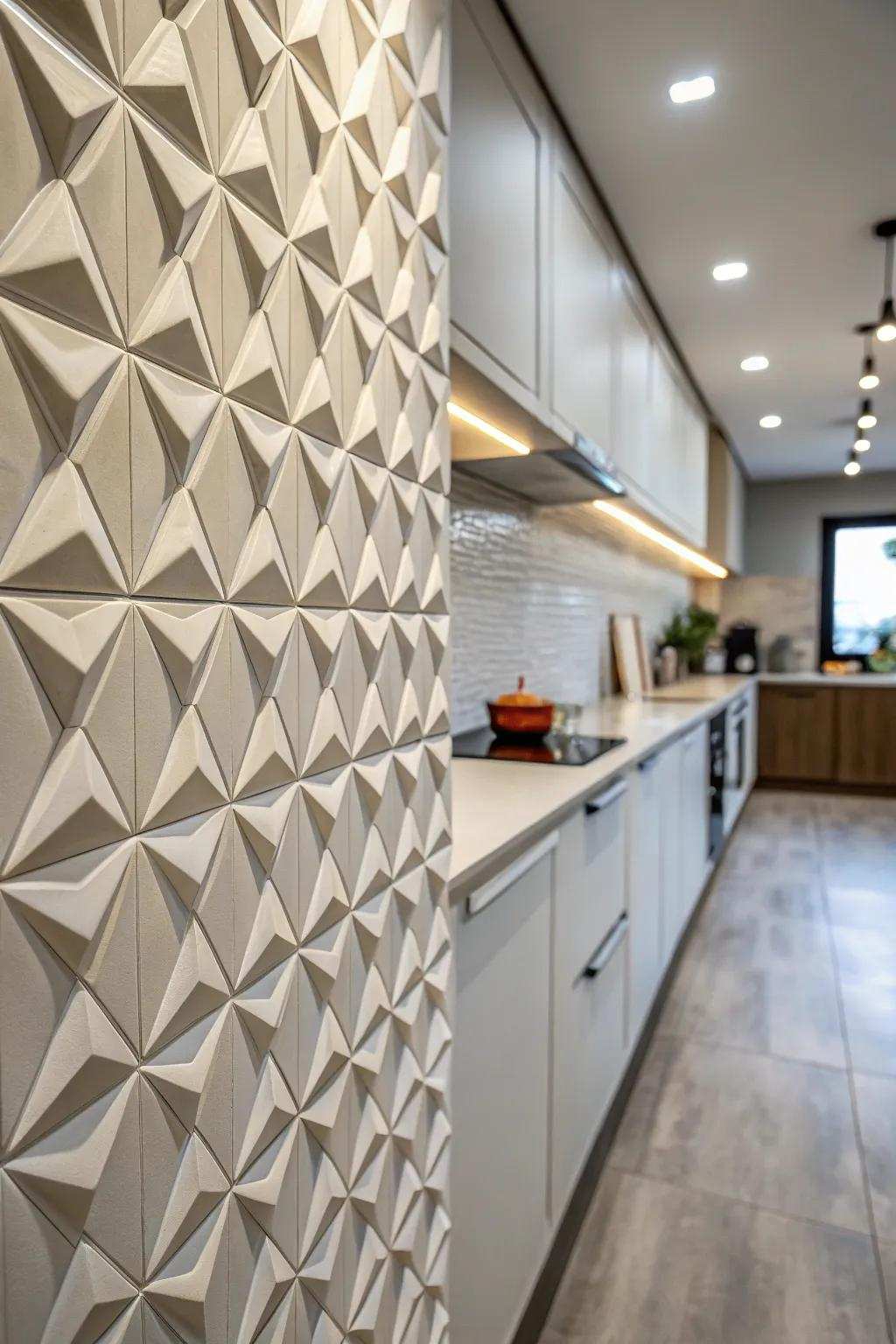 Three-dimensional tiles augment dynamic depth and intrigue to this kitchen wall.