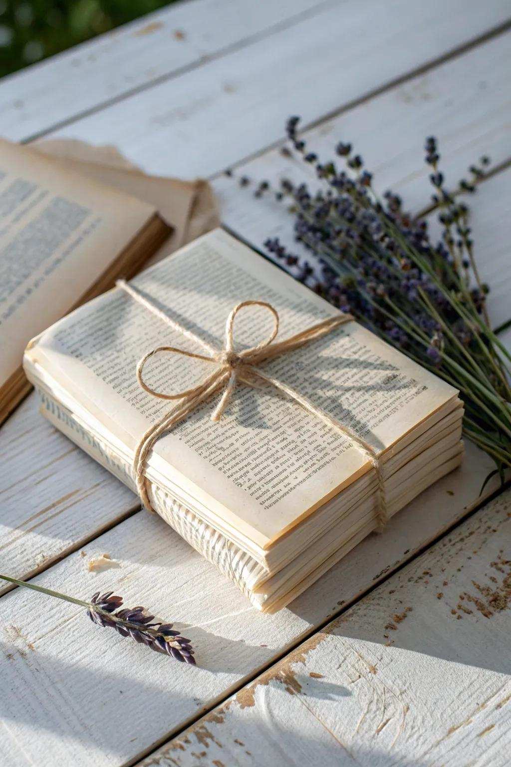 Tie your gifts in stories of old; a novel touch with aged text leaves.