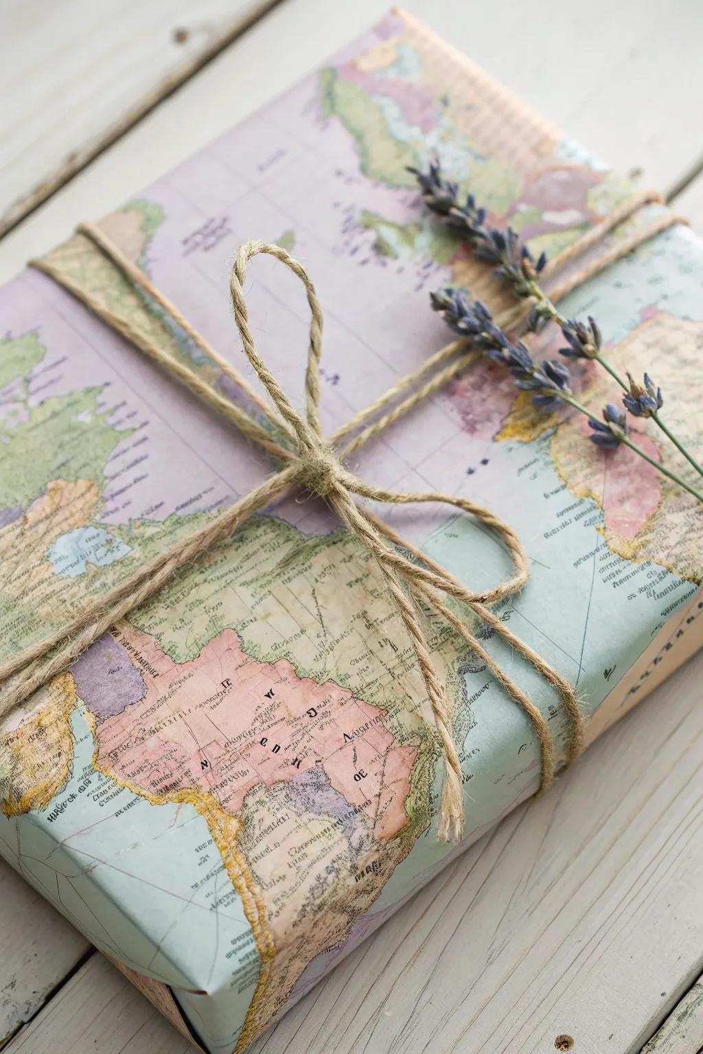 Tie your gifts in wanderlust with classic map paperโa great mix of ease and charm.