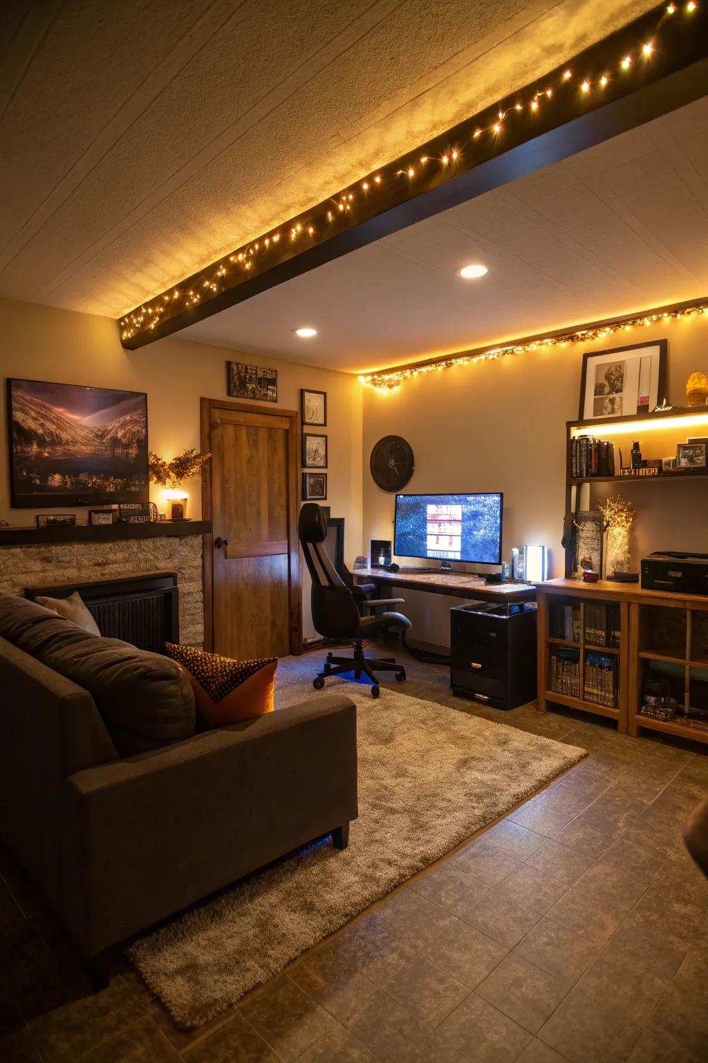 Tiered lighting enhances dimension and versatility to this man cave.