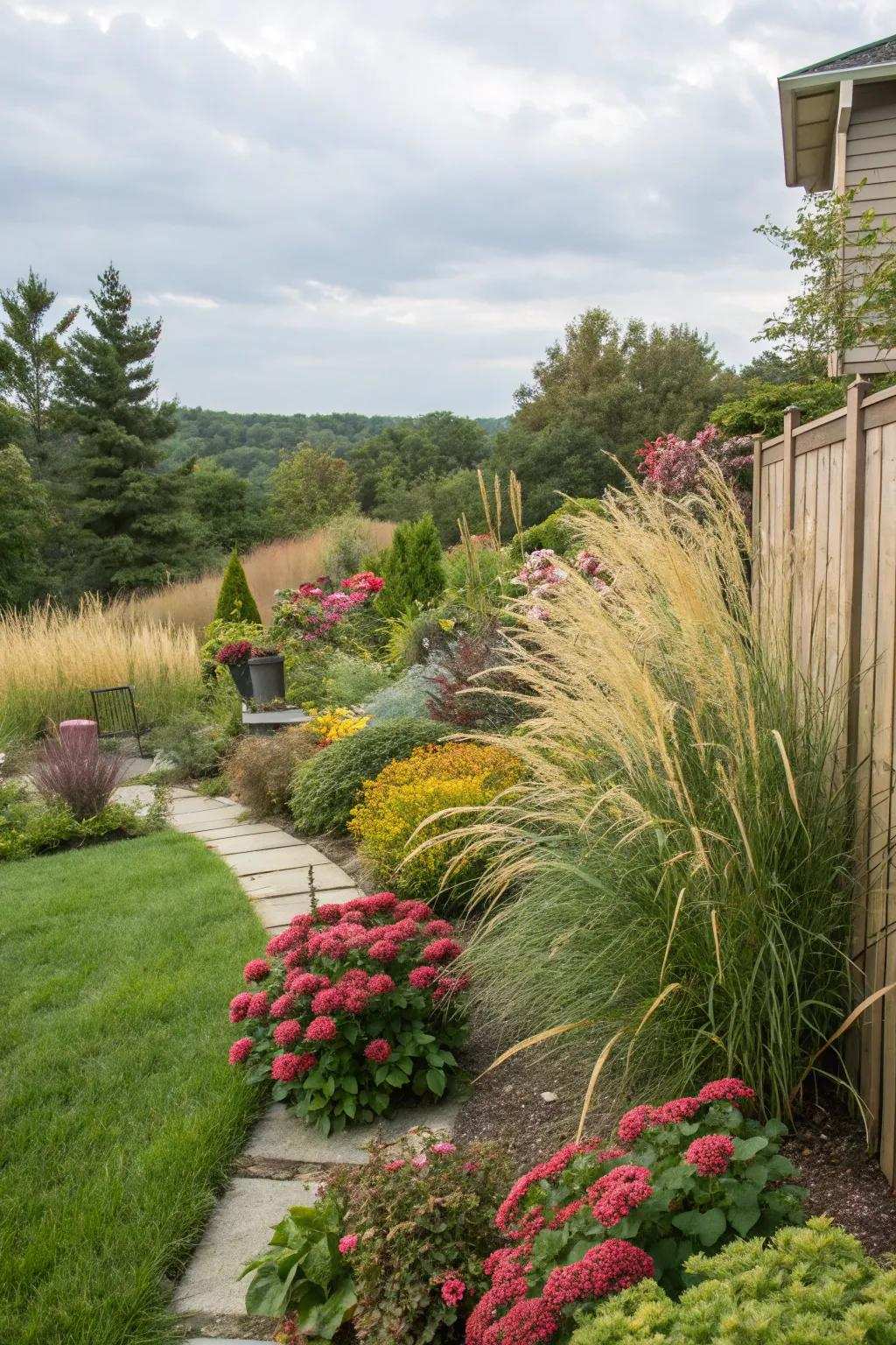 Tiered plantings give depth and privacy to this backyard space.