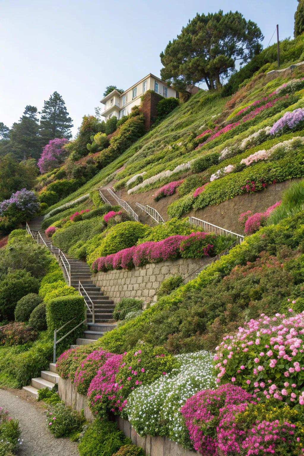 Tiering introduces depth and manages sloped gardens.