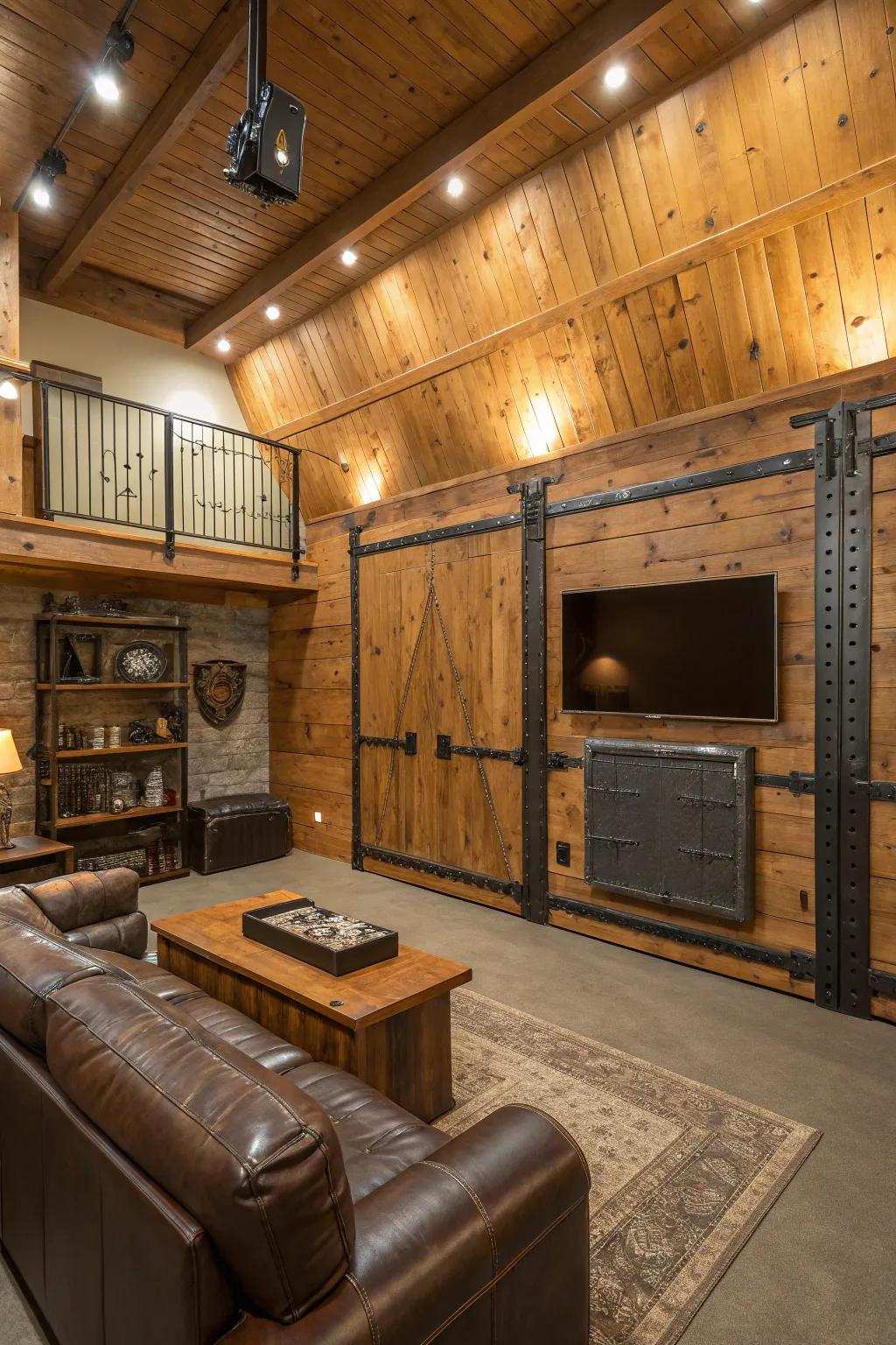 Timber and metal texture enhance individuality to this man cave.