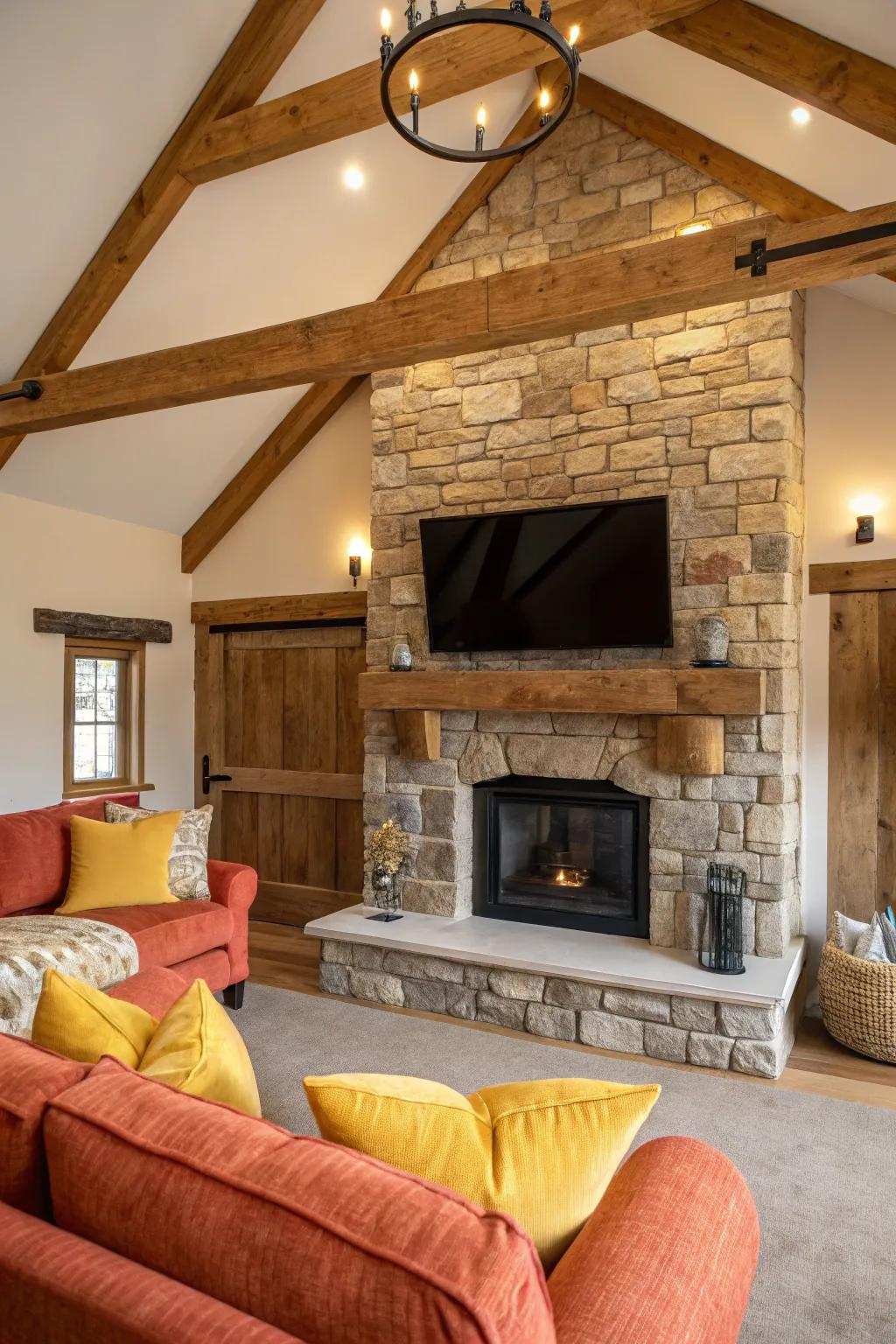 Timber beams introduce warmth and personality to your stone fireplace and television configuration.