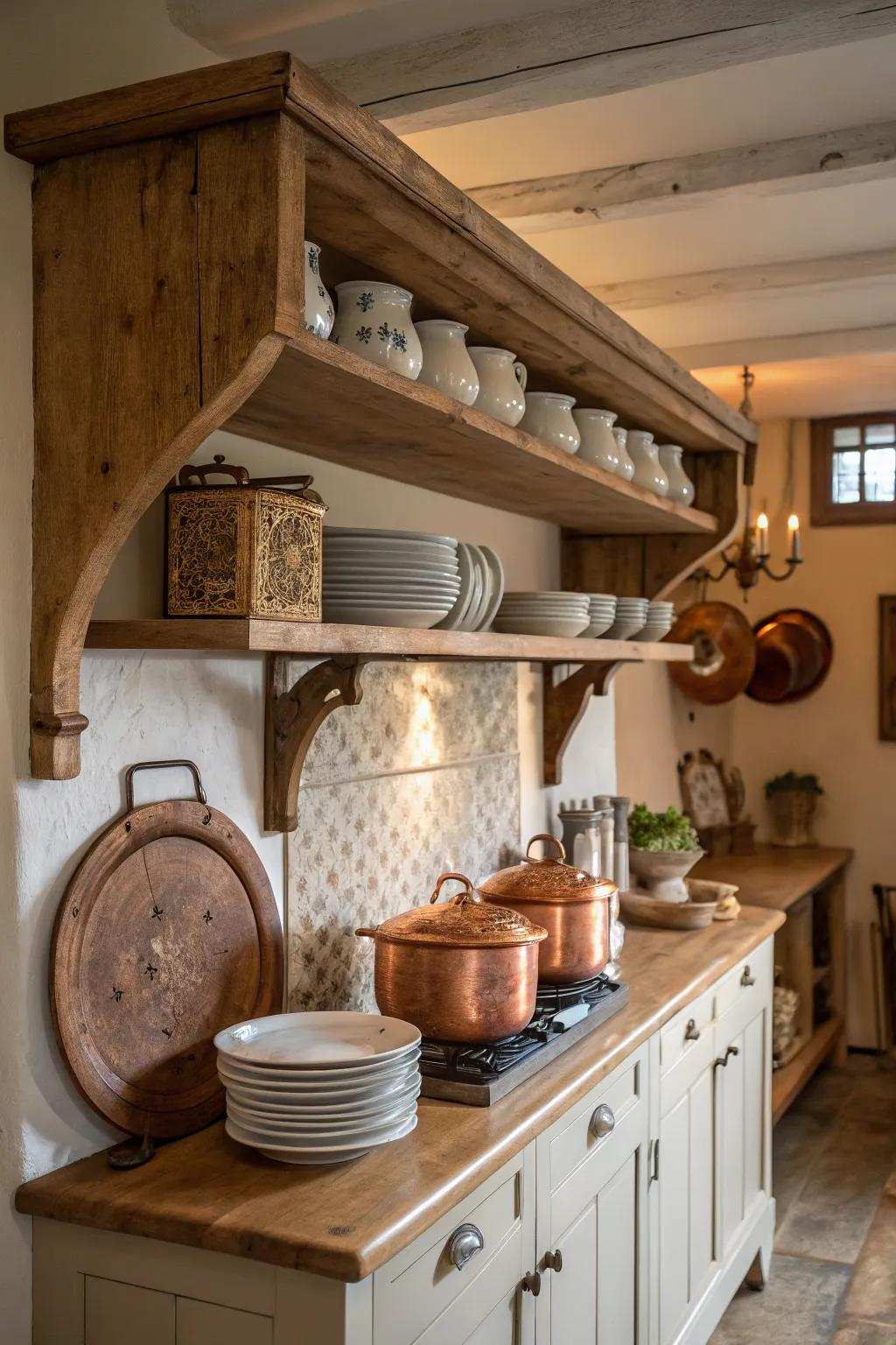 Timber brackets establish a country-inspired presentation in the cooking area.