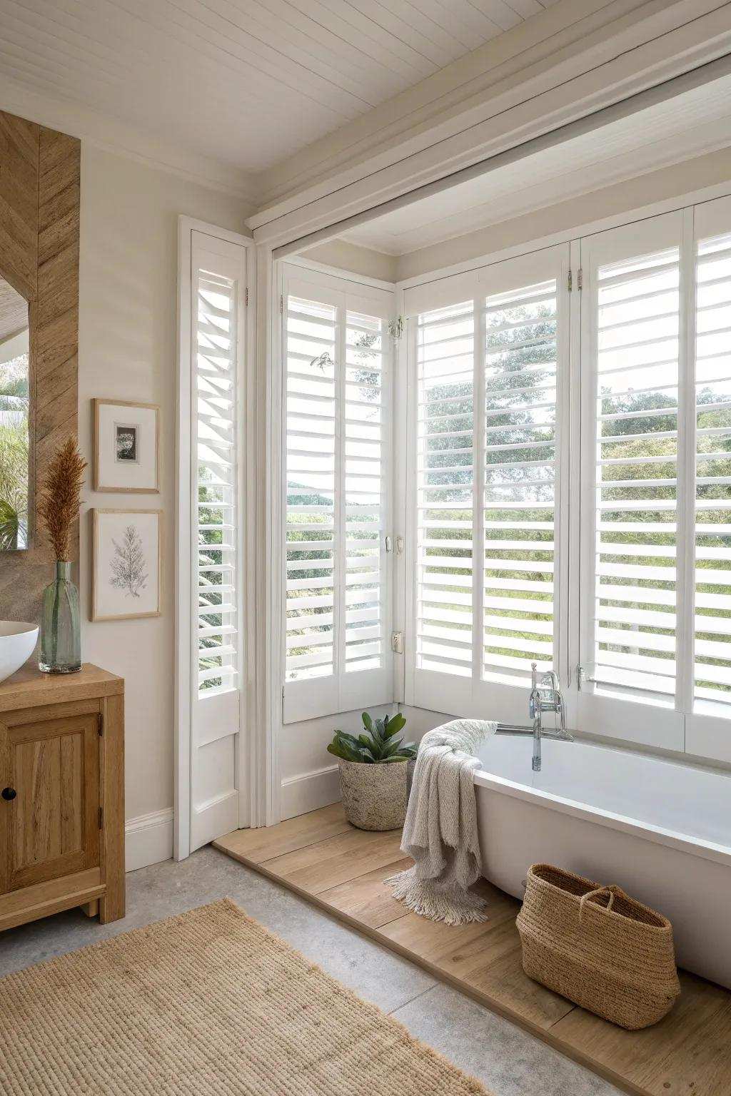 Timeless allure with adaptable interior louvered shutters. #BathroomStyle #TimelessDesign