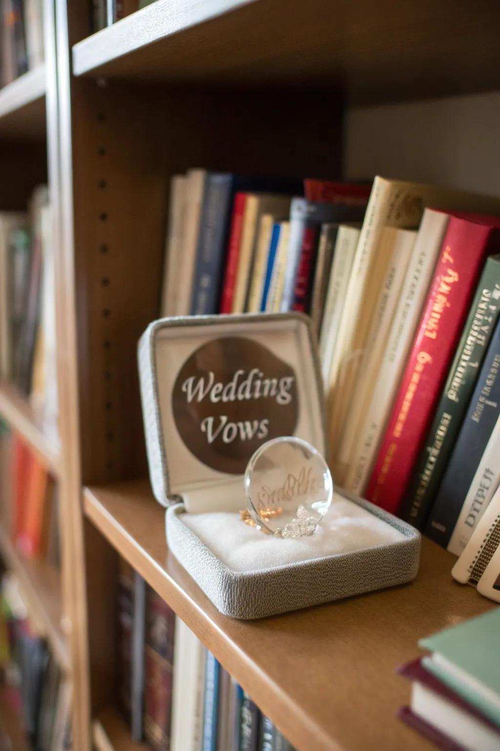 Timeless inscribed crystal commitments as a publication shelving centerpiece.