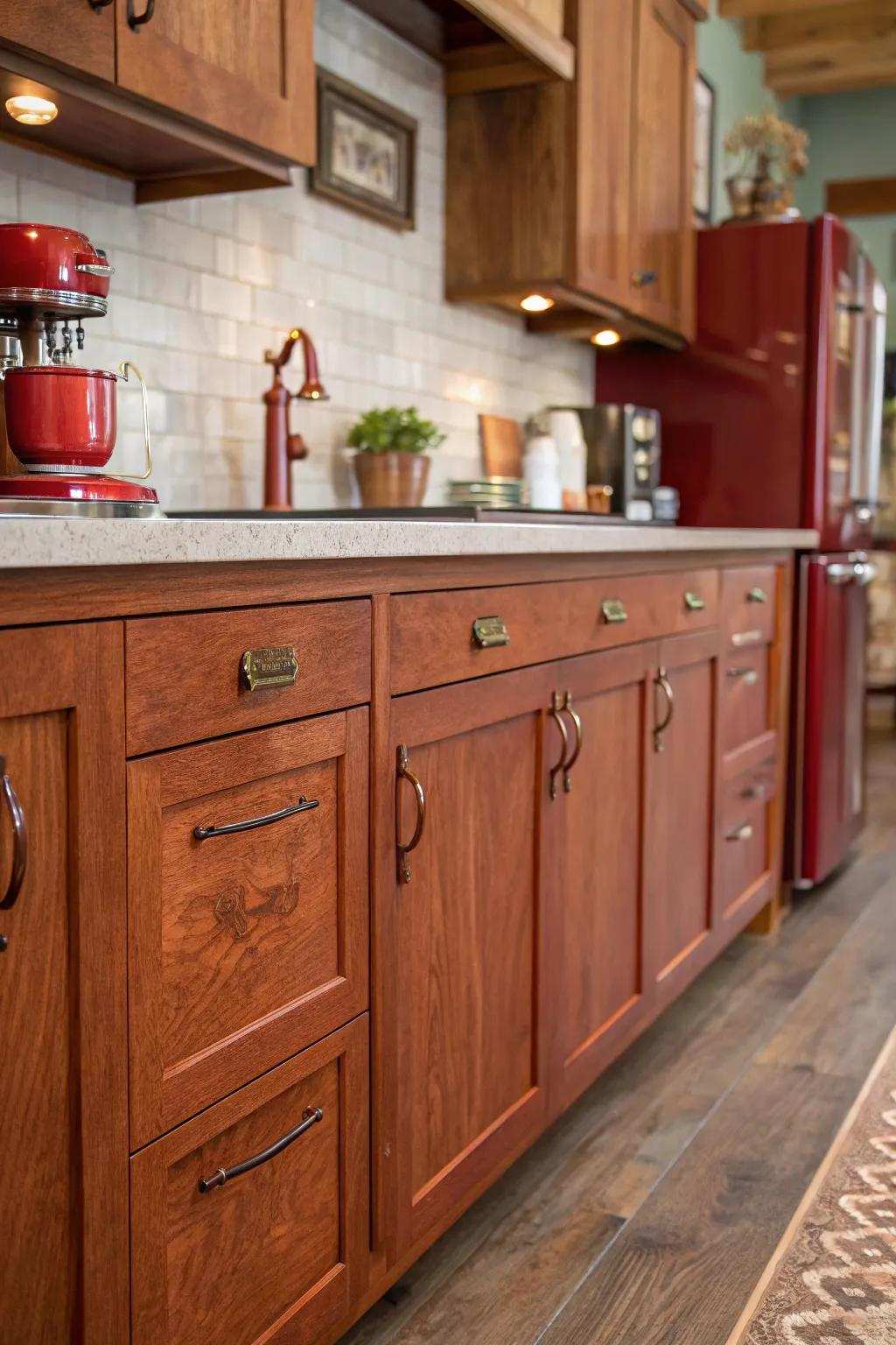 Timeworn copper pulls heighten the warmth from cherry wood.