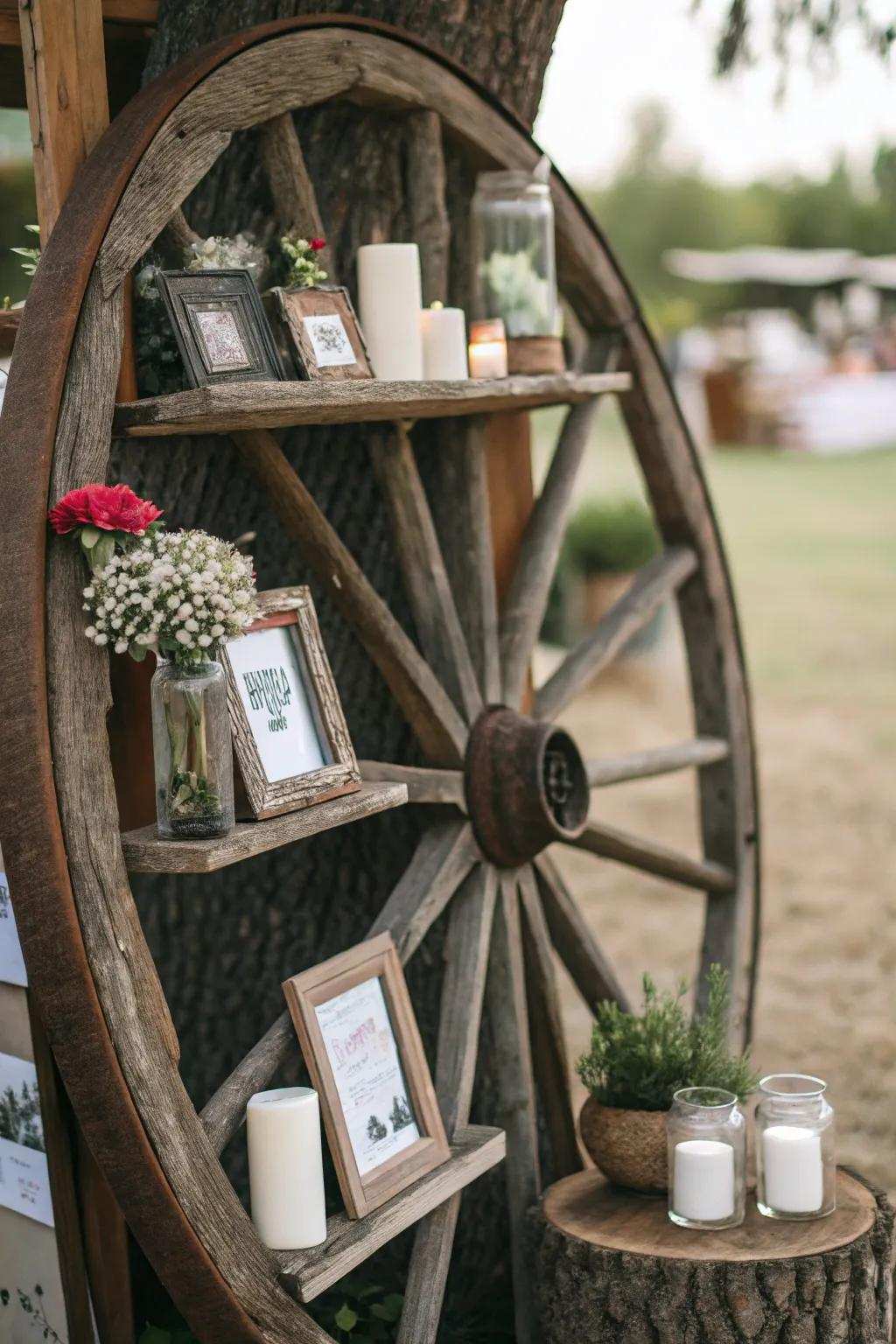 To this ornamental cart wheel, floating ledges include usefulness.