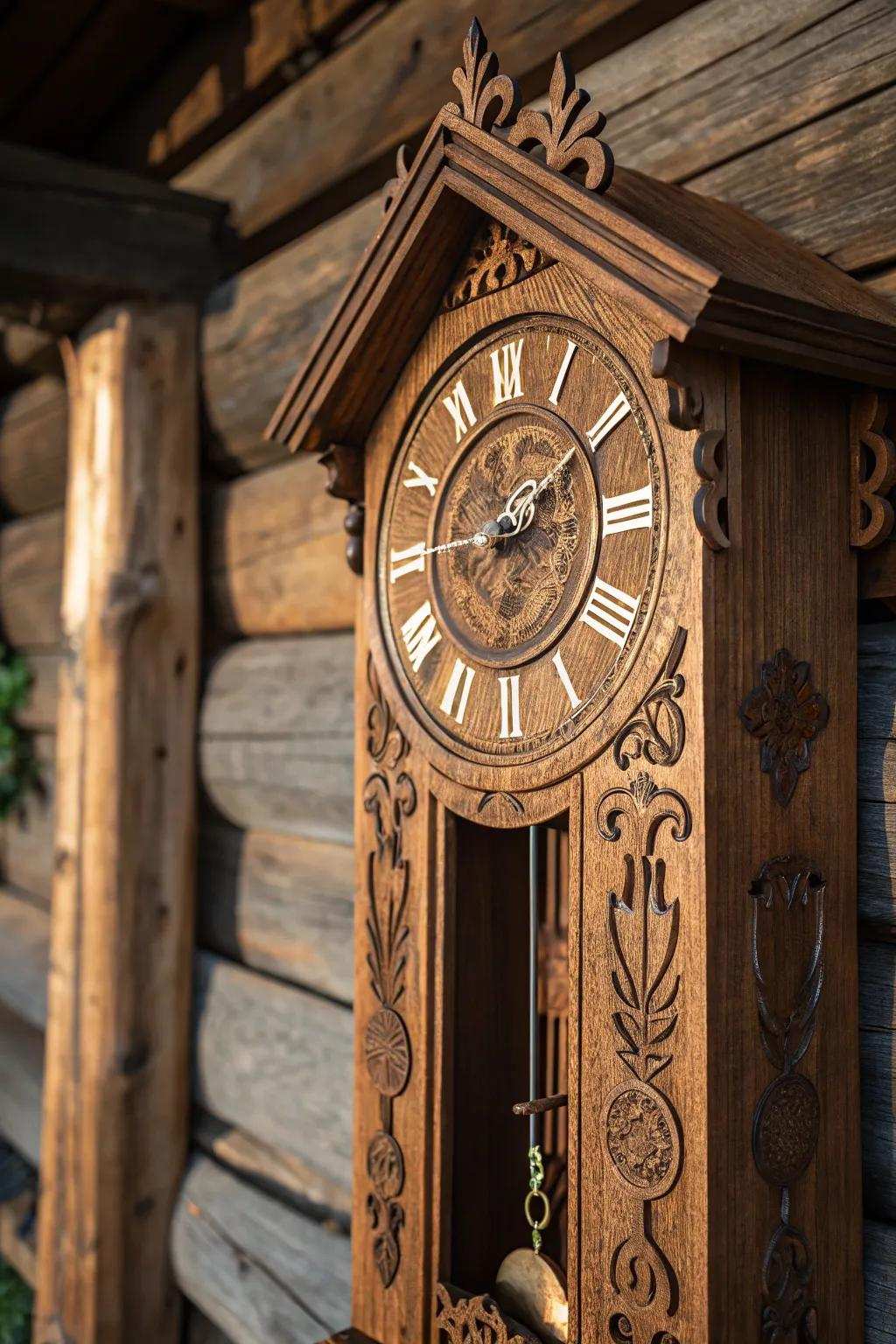 Traditional artistry meets practical elegance in this wood-engraved timepiece.