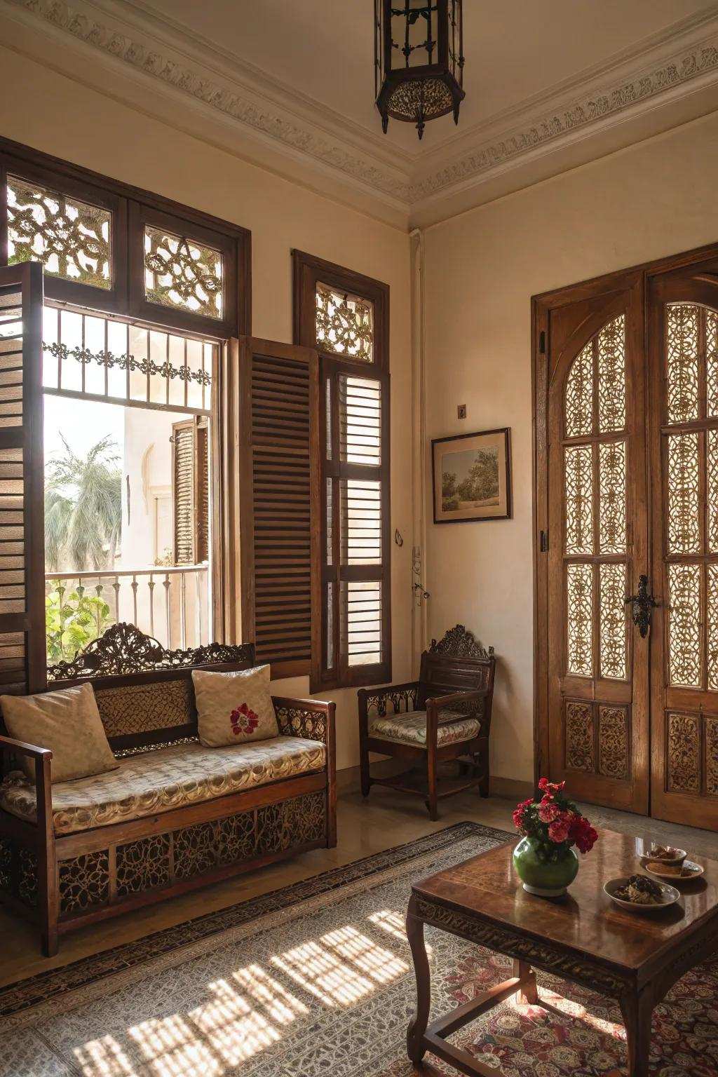 Traditional screens offer seclusion and design in this conventional living space.