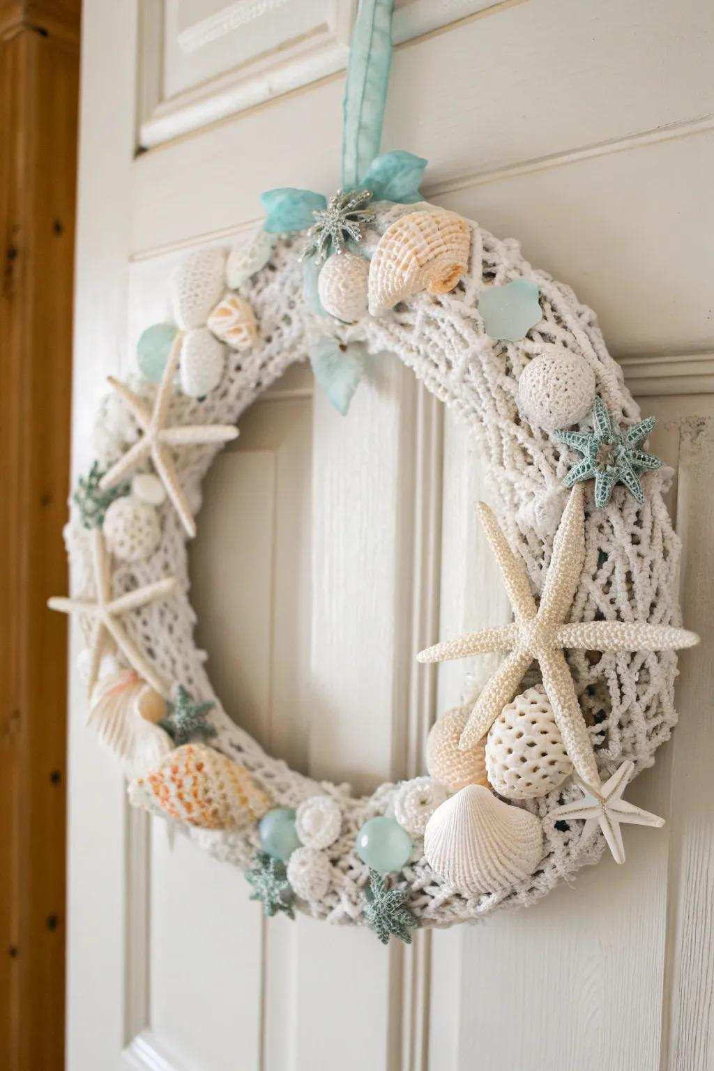 Transfigure your entryway into a maritime sanctuary via this arresting crochet seashell wreath, encapsulating the quintessence of a serene littoral escape.