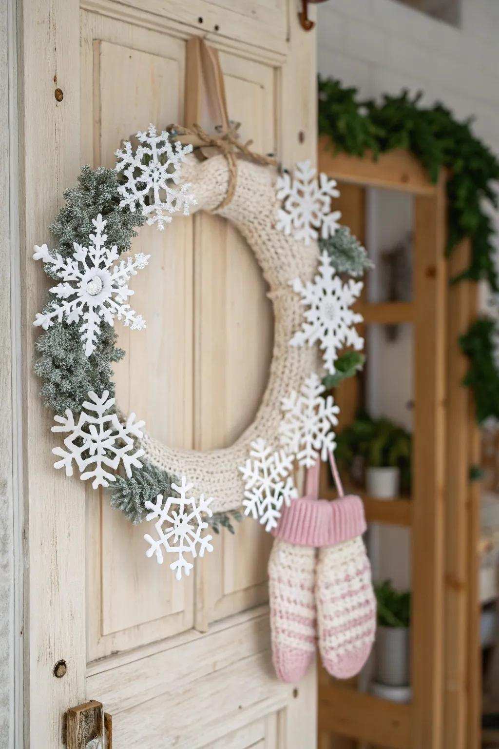 Transfigure your entryway into a snowy retreat via this endearing crochet hibernal wreath.