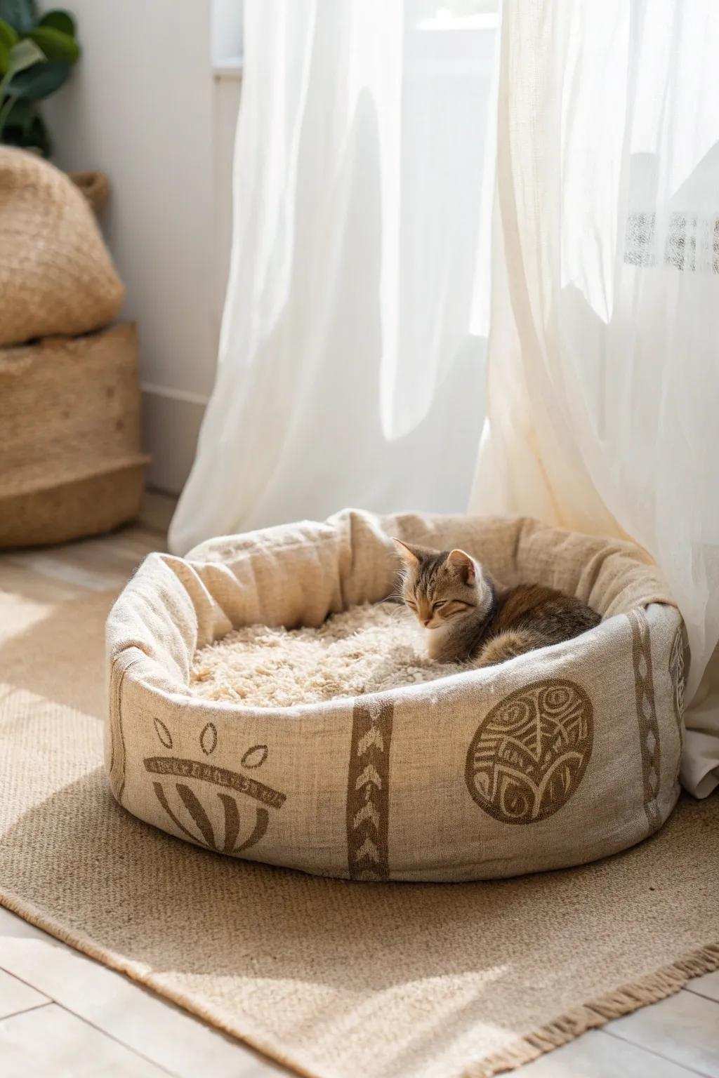 Transform a grain bag into a cozy retreat for your furry companion using this simple do-it-yourself pet bed.