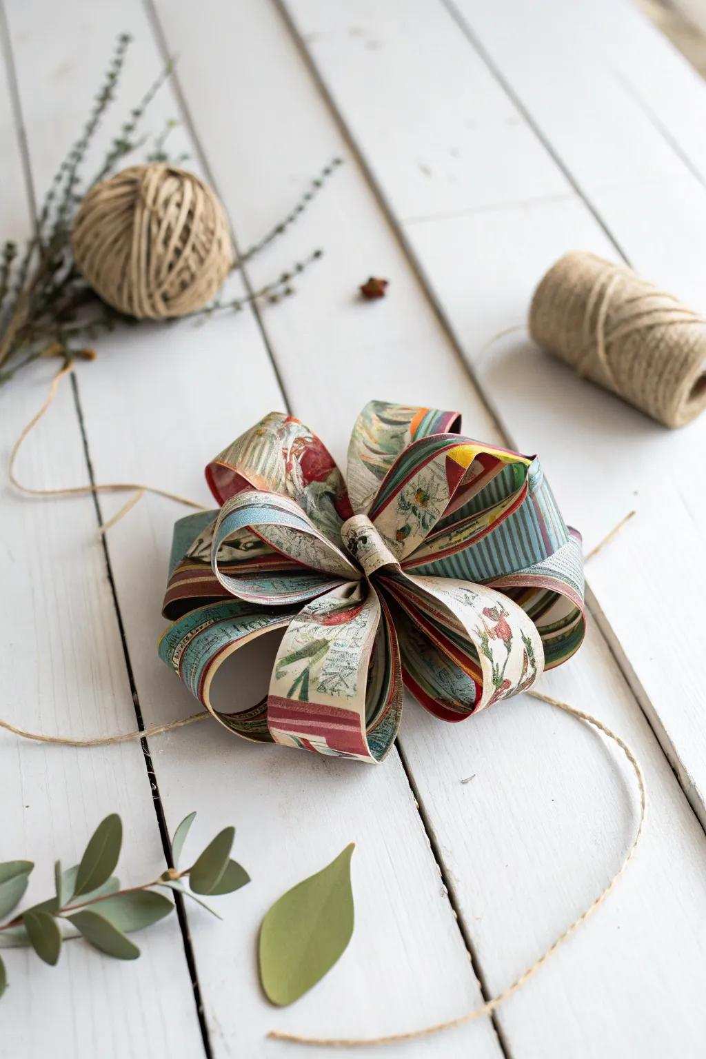 Transform antiquated periodicals into a stunning paper bow for a chic, eco-friendly item wrap.
