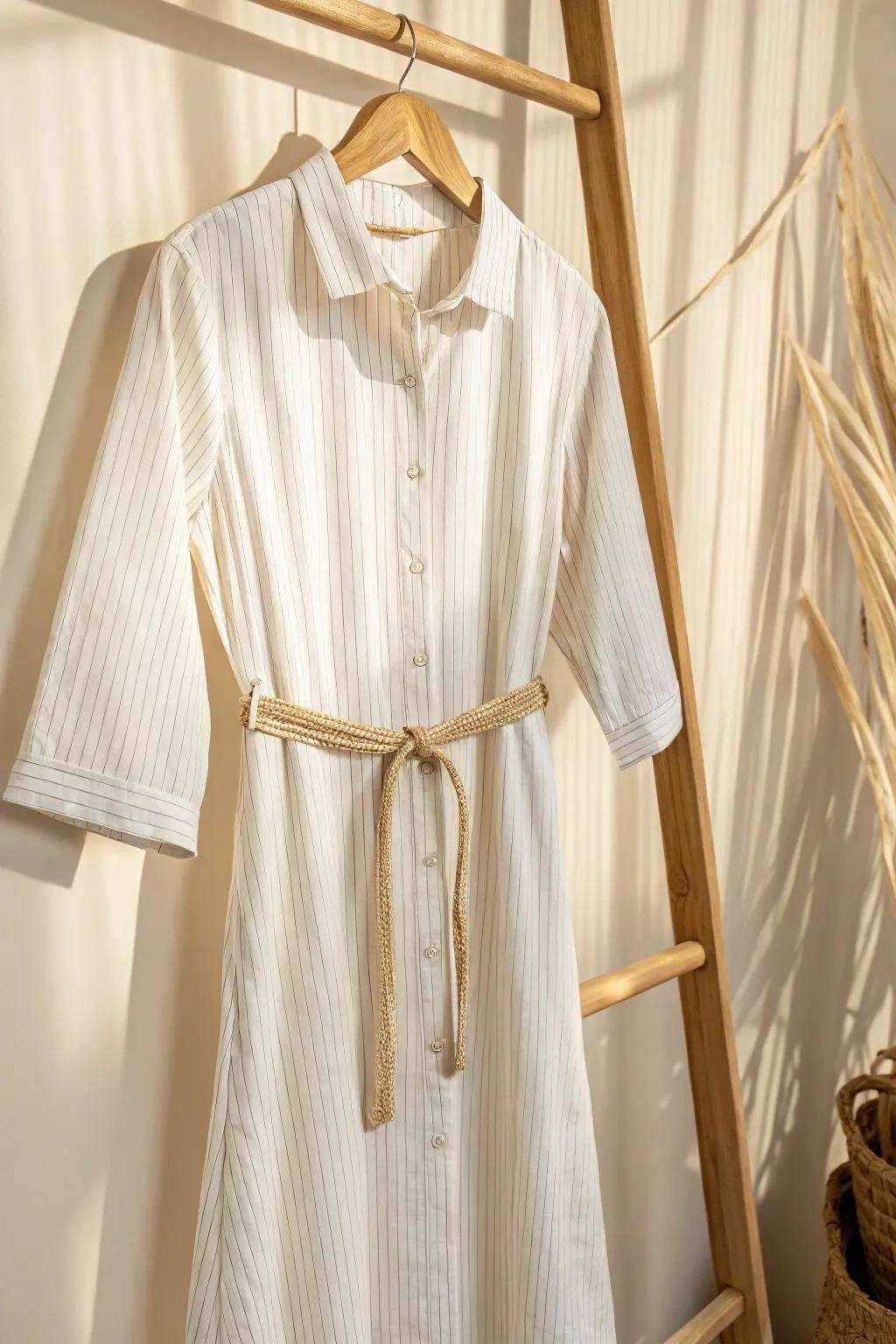 Transform elegance: from men's shirt to chic dress, perfect for a stylish brunch.