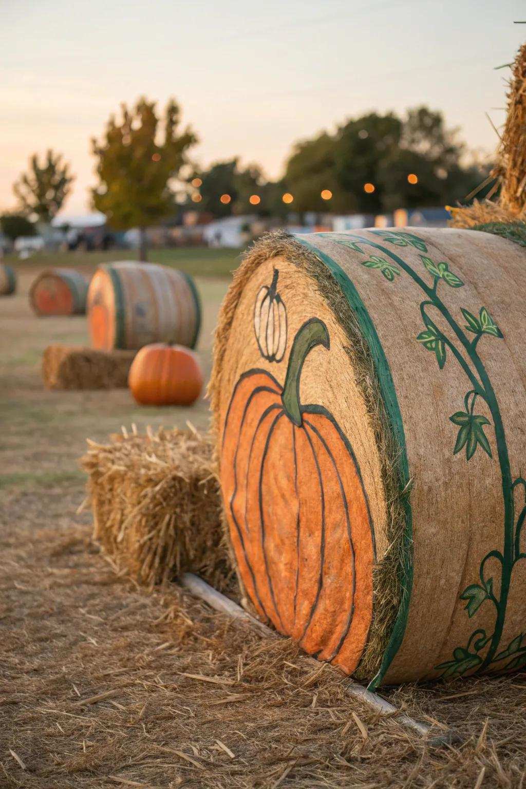 Transform hay bales into expansive pumpkins, resulting in an alluring autumn pumpkin display ambiance.