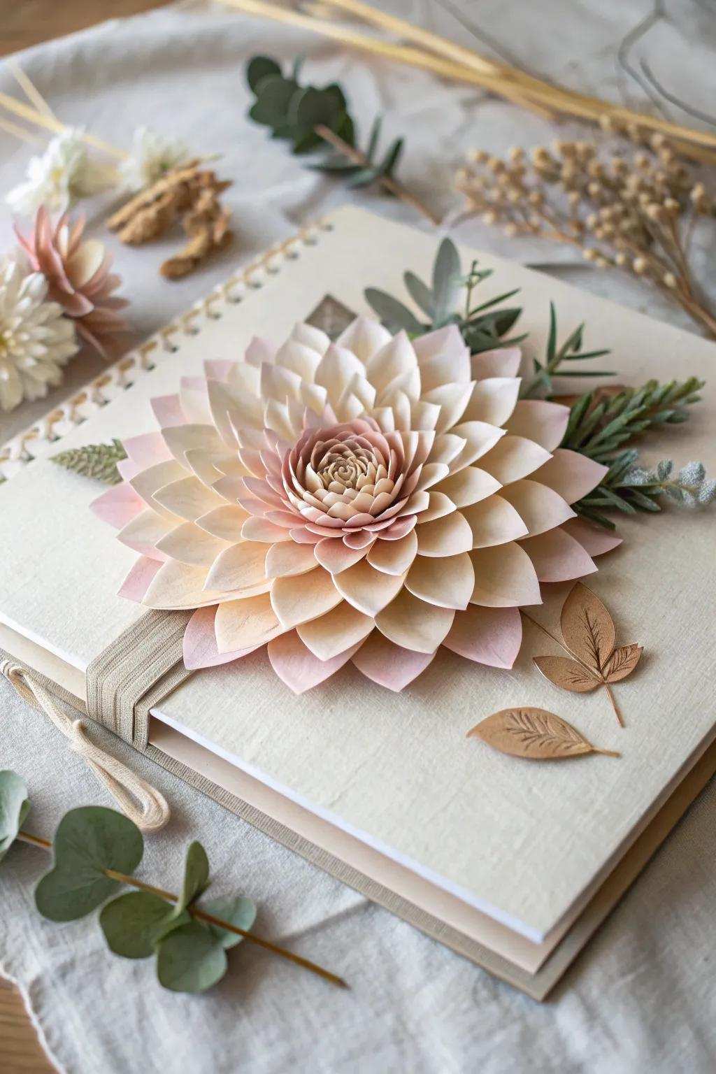 Transform your bridal scrapbook with three-dimensional elegance. Embrace the beauty of layered textures and natural elements.