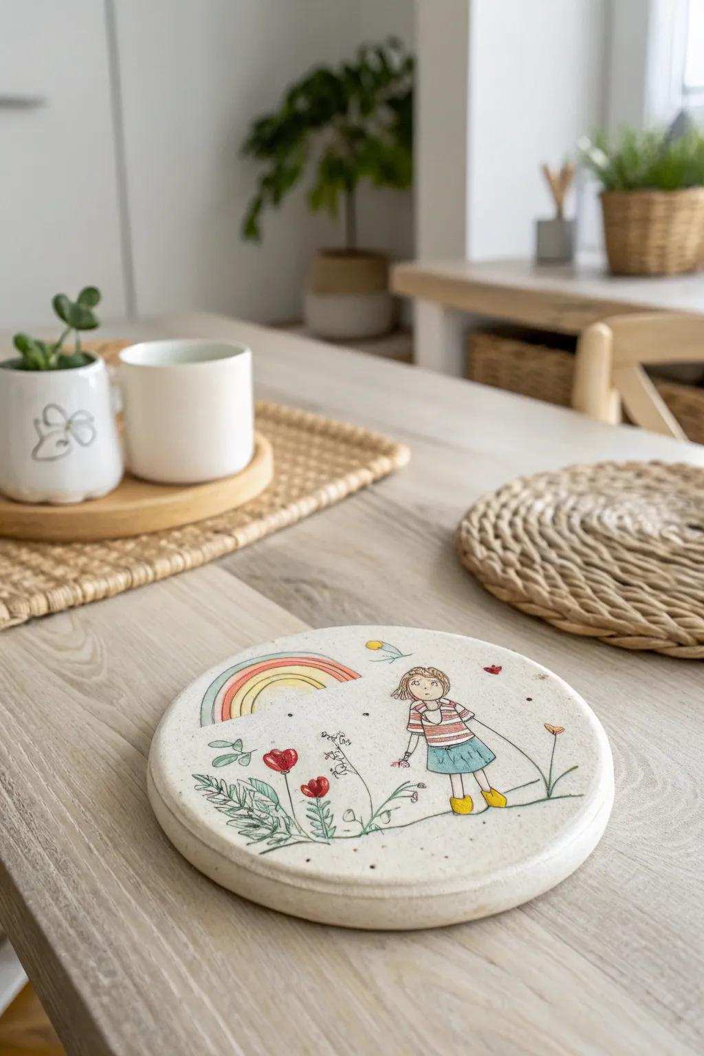 Transform your child's creativity into a cherished keepsake with these DIY art drink mats. Perfect for adding a personal touch to Dad's workspace!
