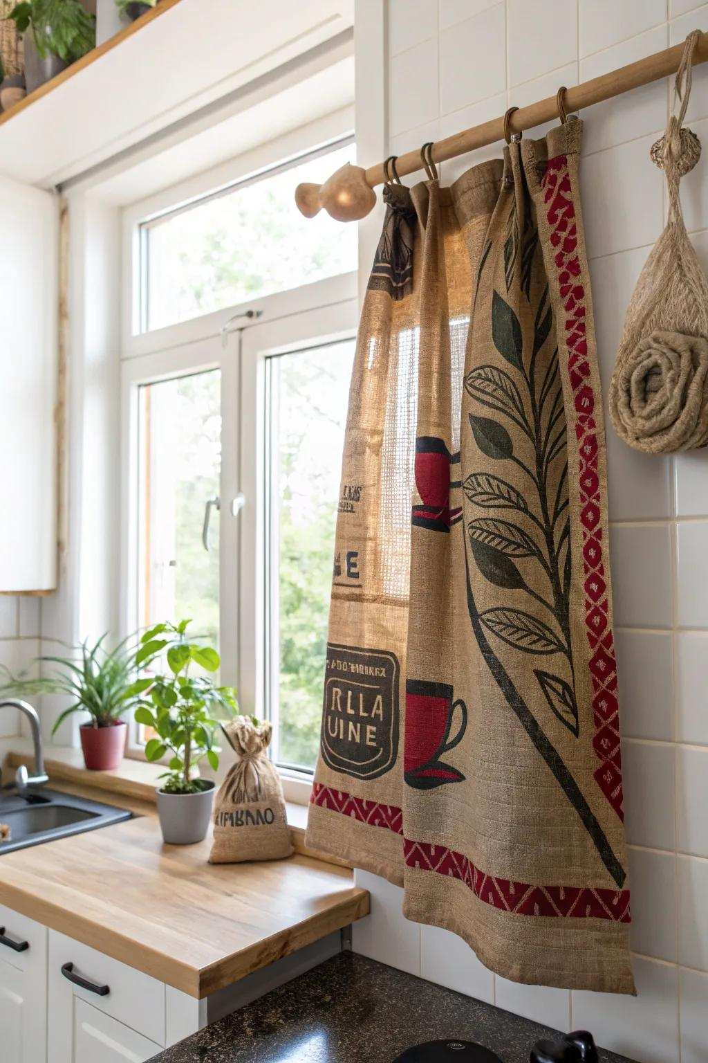 Transform your cooking area using charming grain bag drapes for a cozy, boho-chic vibe.