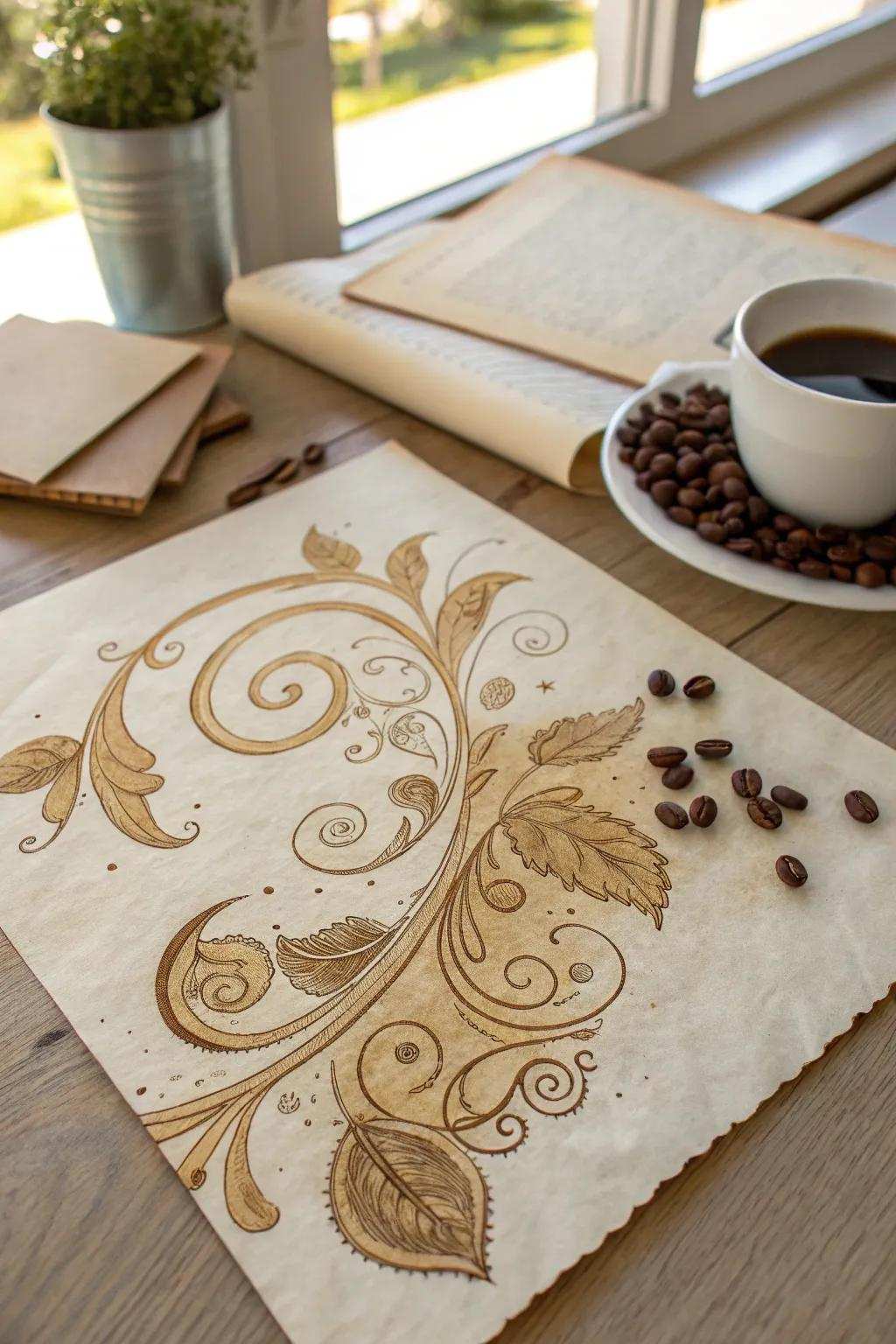 Transform your creativity with coffee-stained art – where simplicity joins vintage charm.