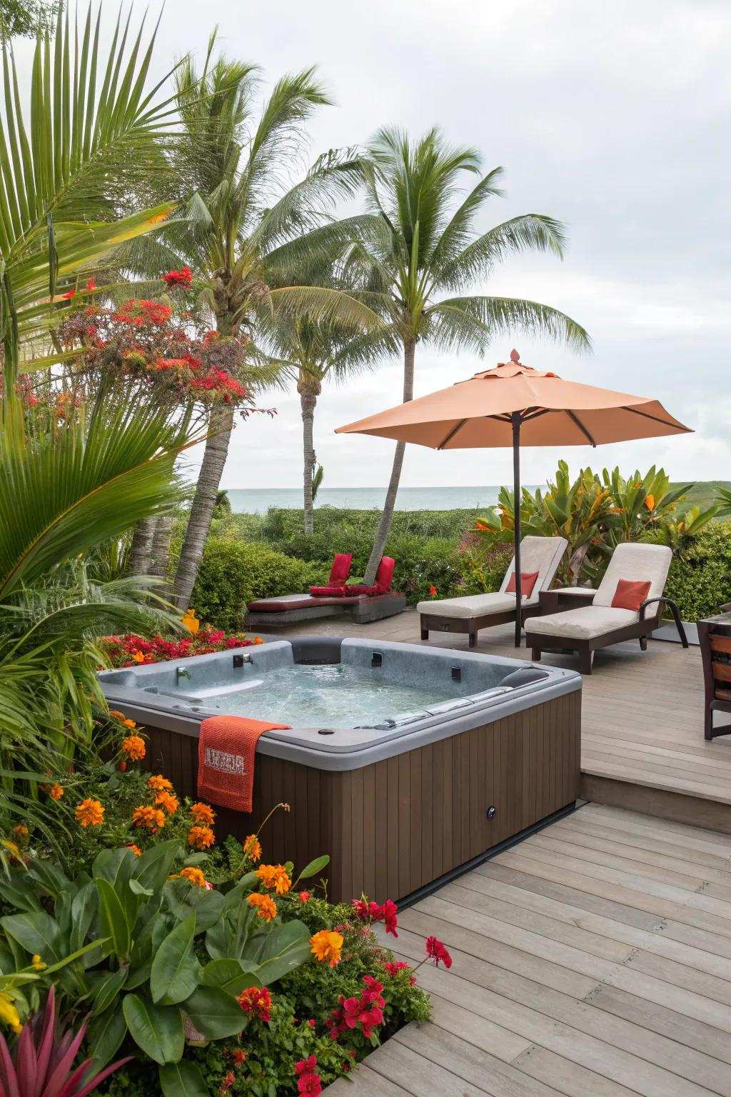 Transform your deck into a tropical getaway using vibrant aspects.