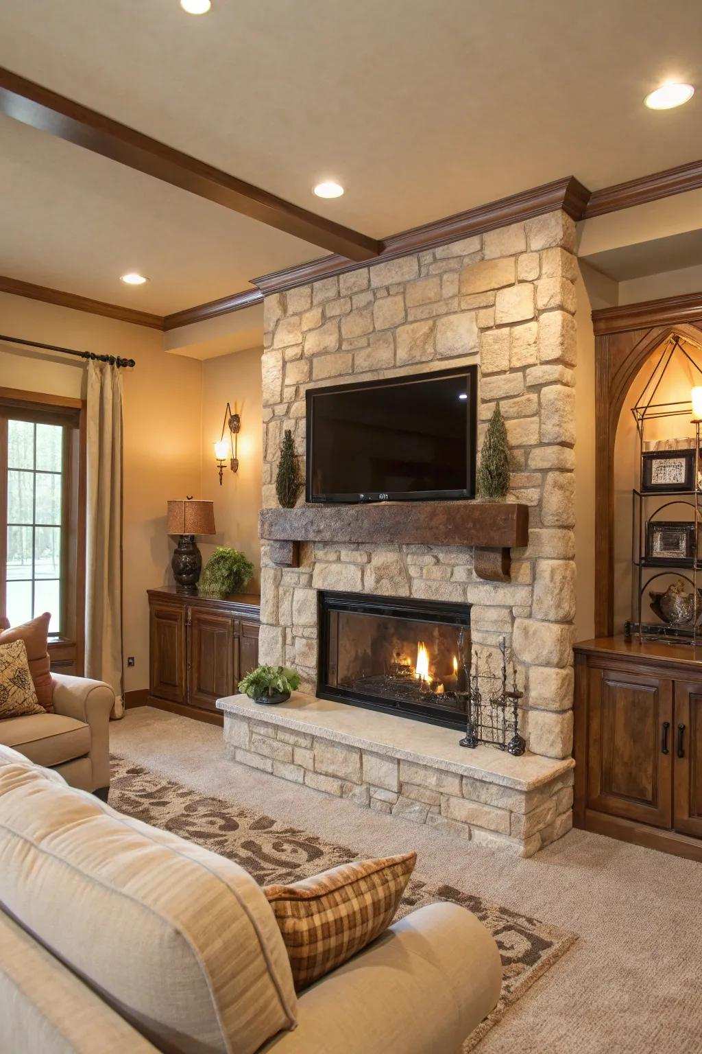 Transform your display into art using a framed design that complements your stone fireplace.
