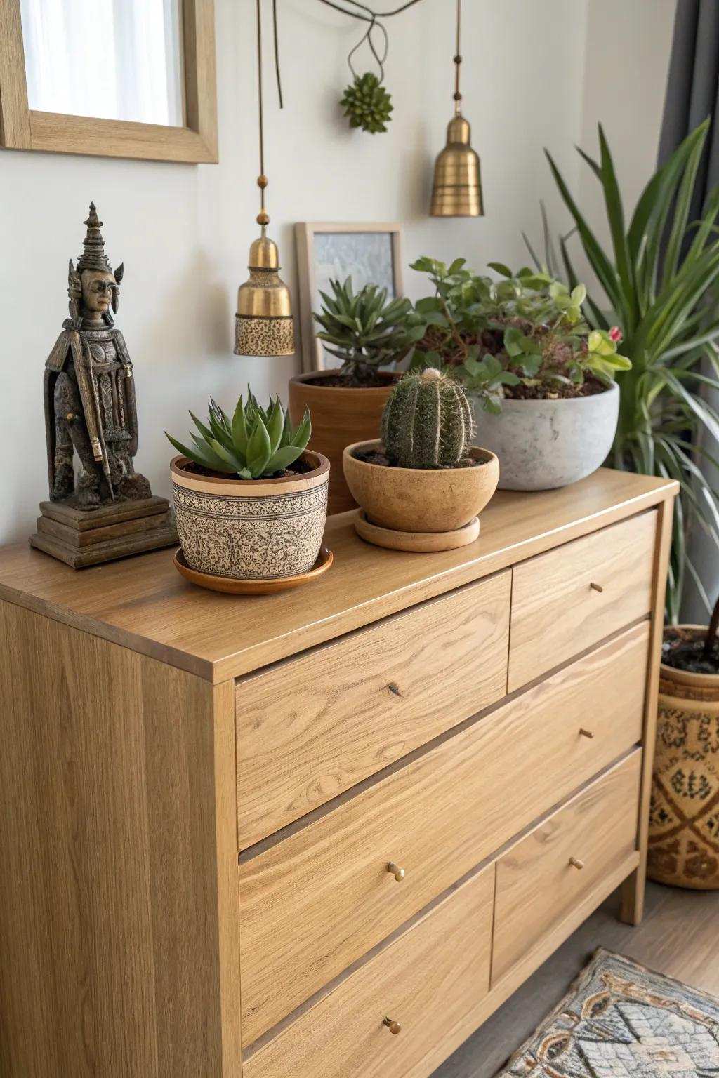 Transform your dresser into a bohemian sanctuary with succulents and vintage treasures.