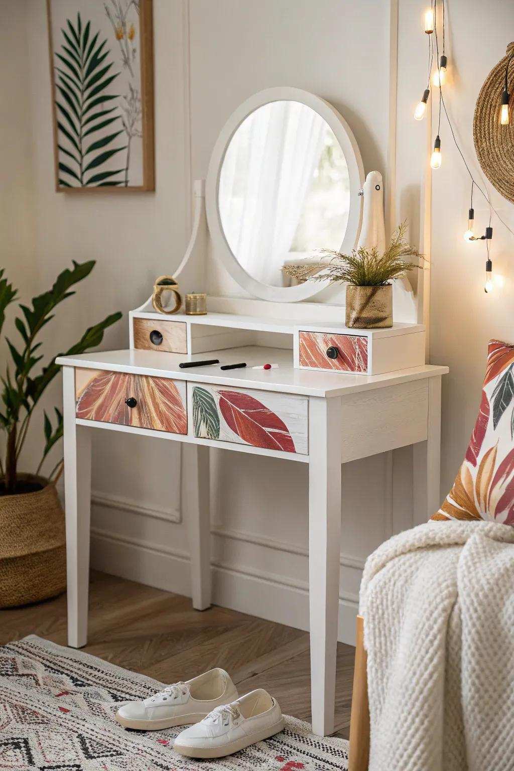 Transform your dressing table into a masterpiece with striking, artistic flair. #ArtisticDressingTable #MinimalistBoho