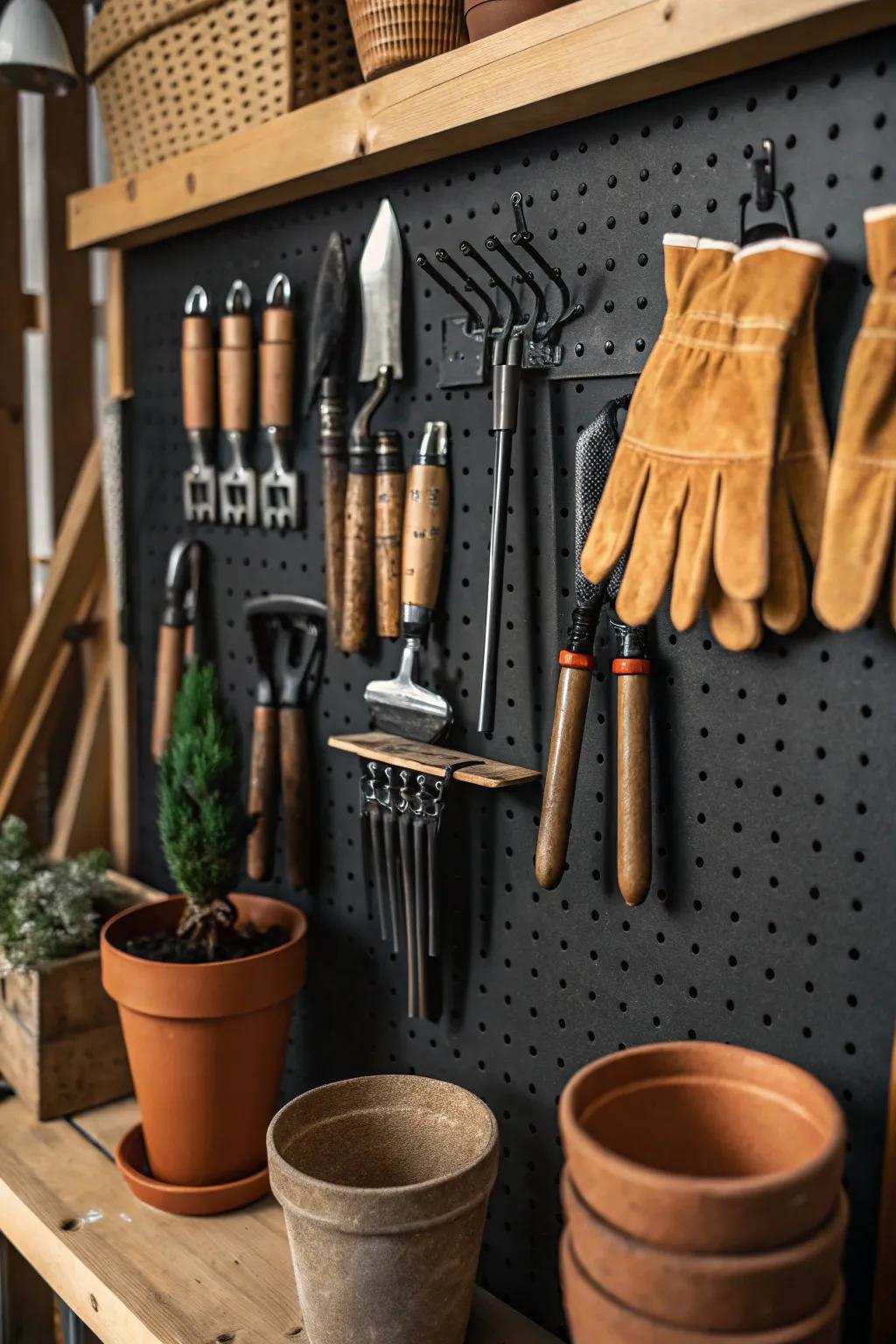 Transform your garage into a Cultivation Implement Sanctuary with a pegboard that blends style and practicality.