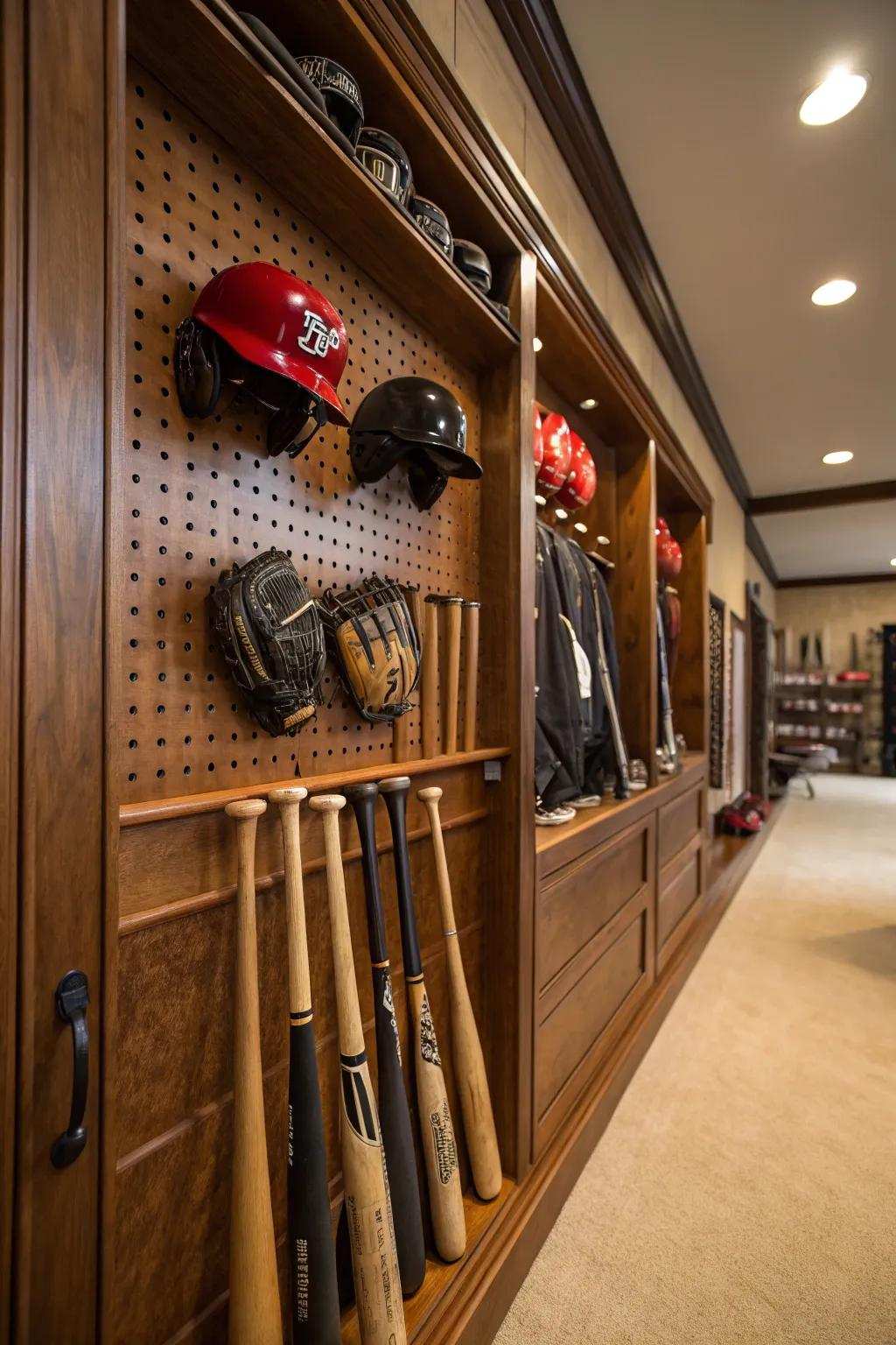 Transform your garage into a sleek Athletic Gear Spot using this resourceful pegboard arrangement concept!