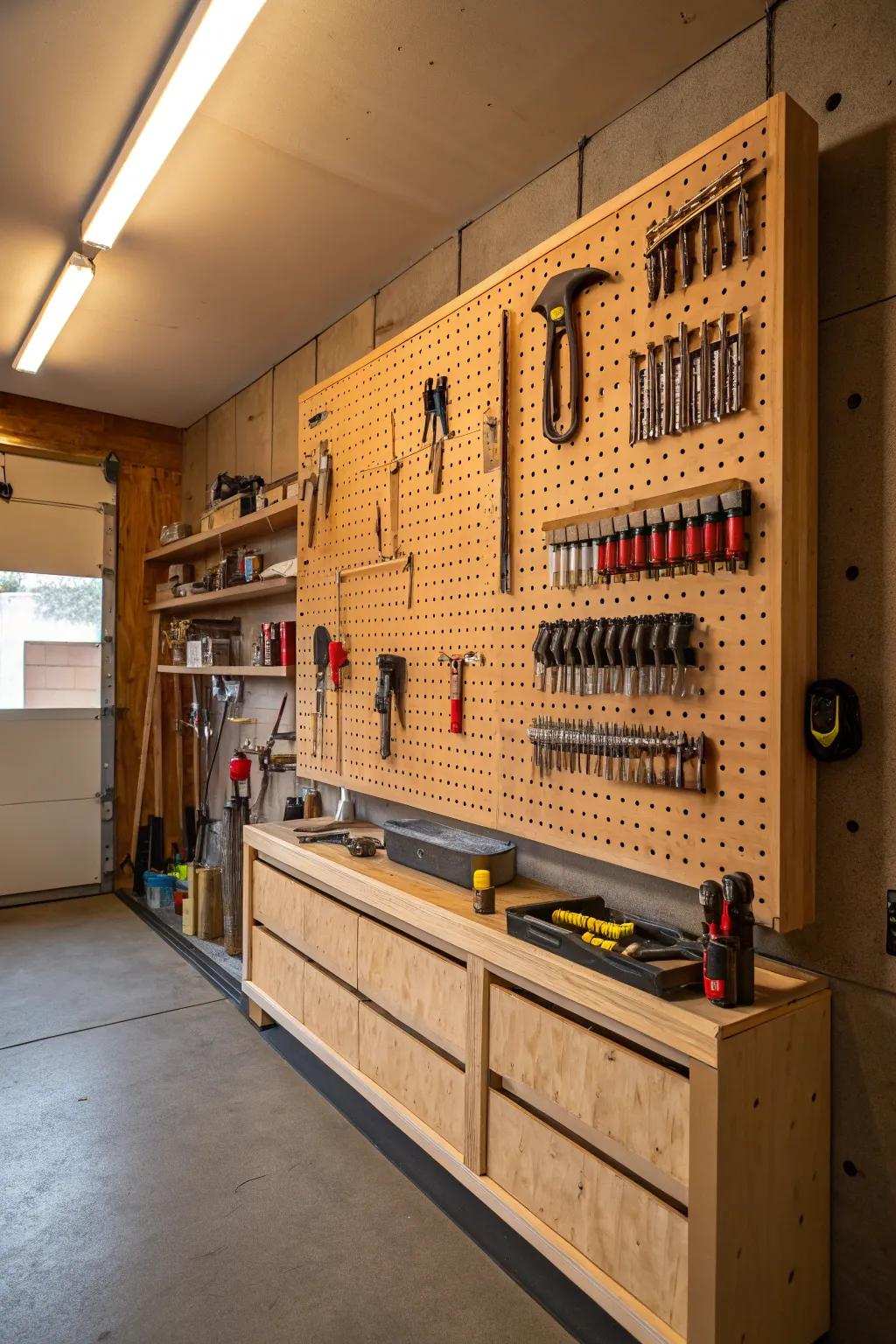 Transform your garage using a stylish pegboard partition that blends placement and expert craftsmanship.