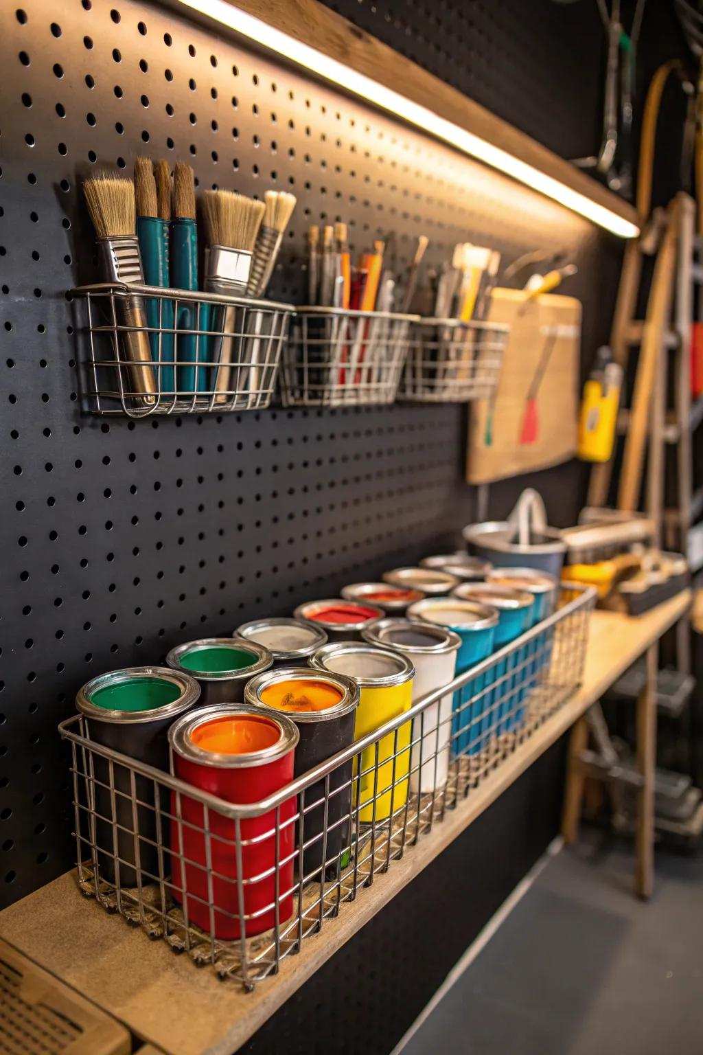 Transform your garage using upright color storage, where placement meets artistic expression.