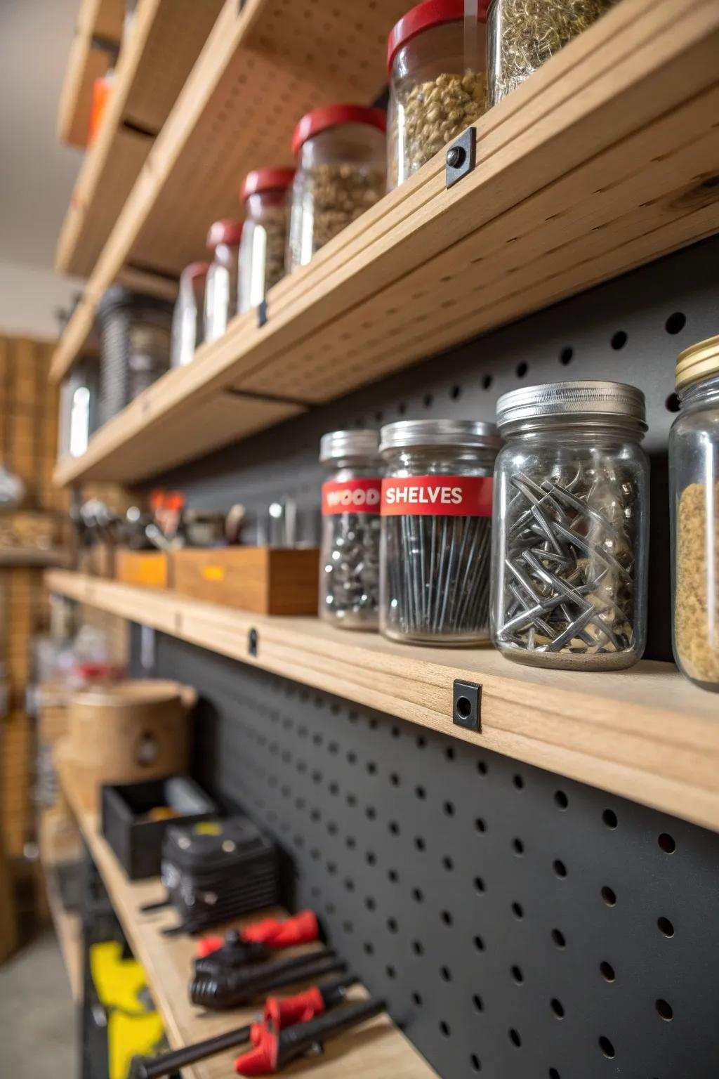 Transform your garage with fashionable, flexible pegboard shelving, blending utility with expert craftsmanship seamlessly.