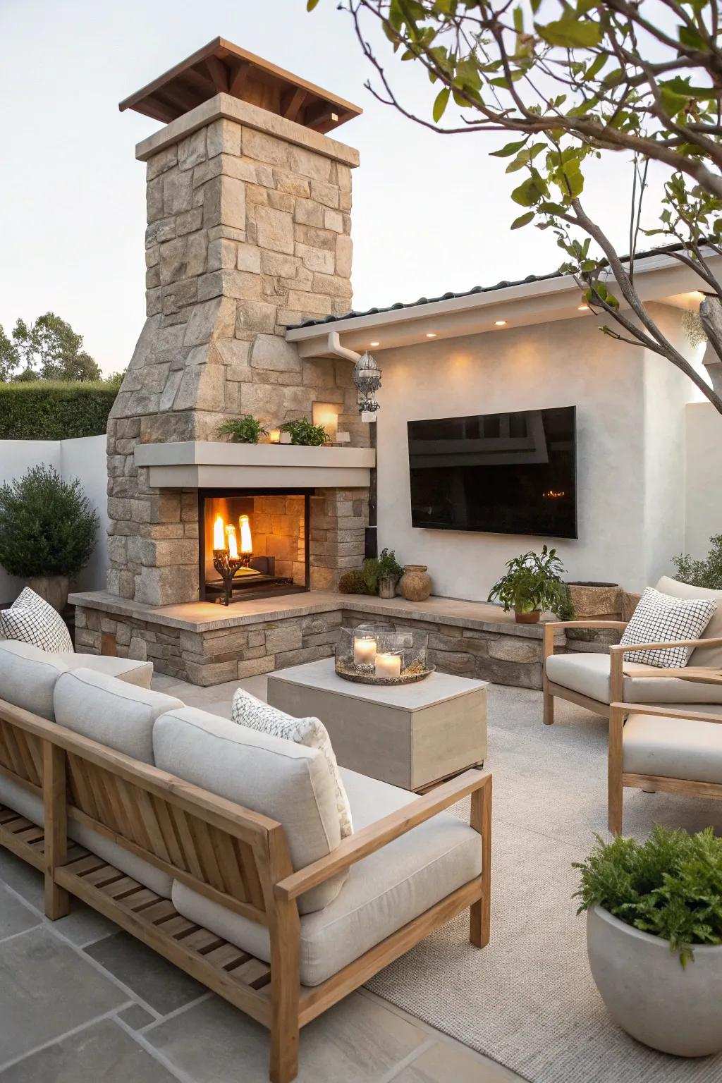 Transform your patio into an outdoor paradise using a stone hearth and display arrangement. #OutdoorEntertaining #PatioStyle