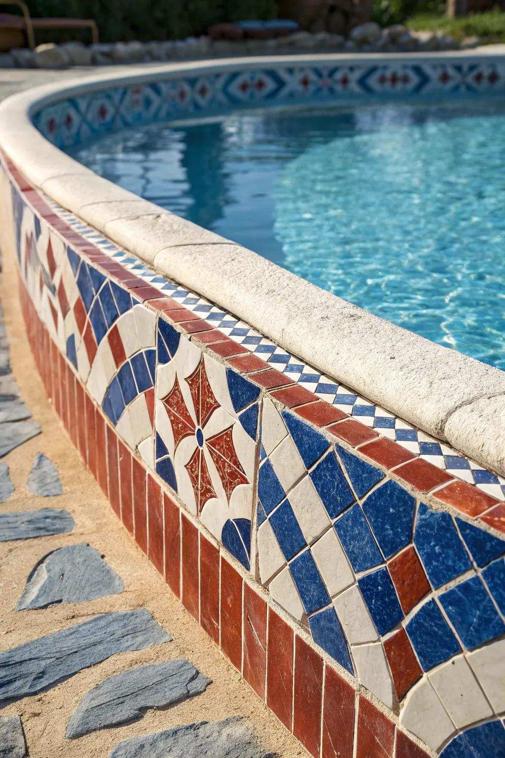 Transform your poolside with artistic mosaic tiles for a Mediterranean touch.