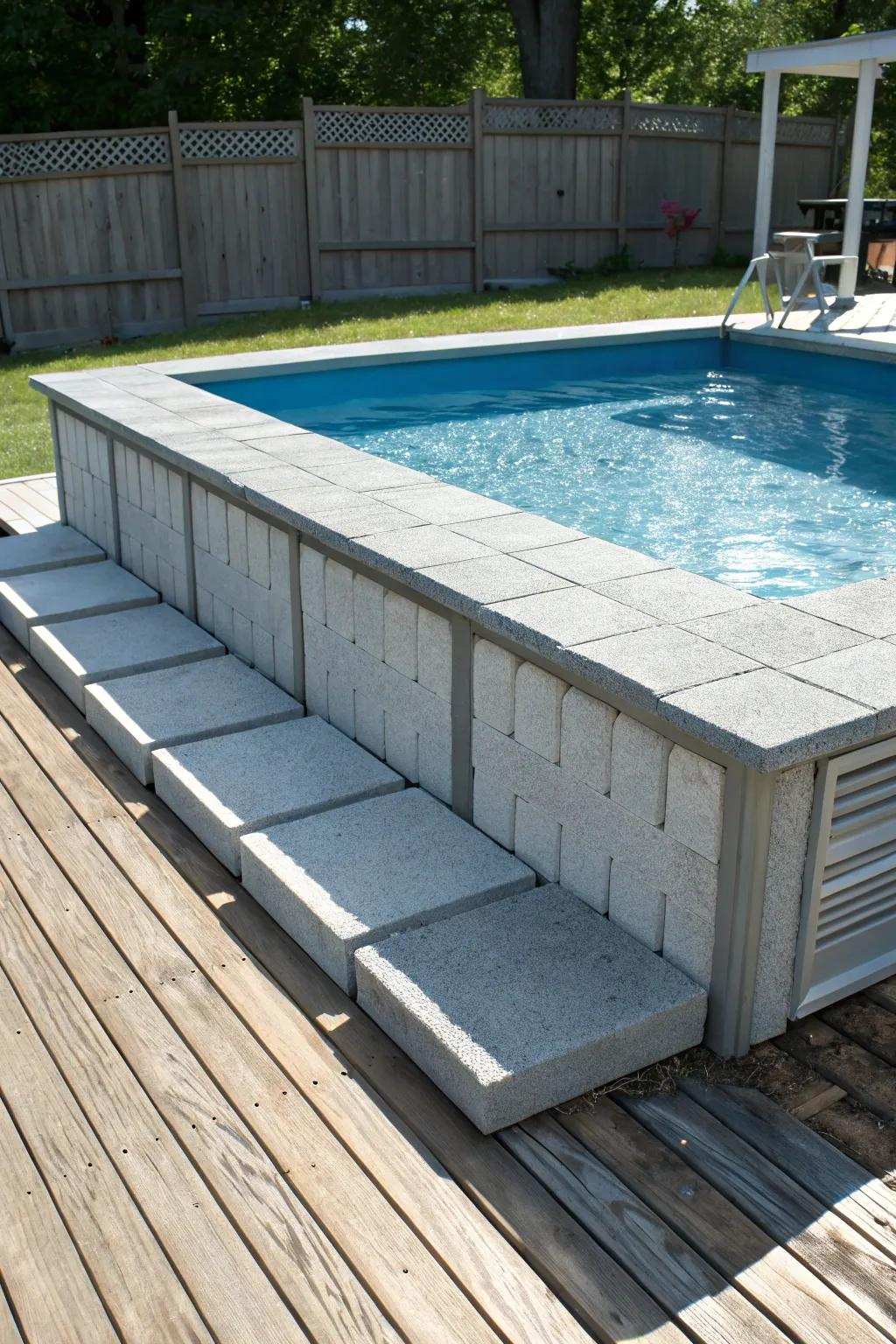Transform your poolside with budget-conscious cement block designs for a modern and streamlined aesthetic.