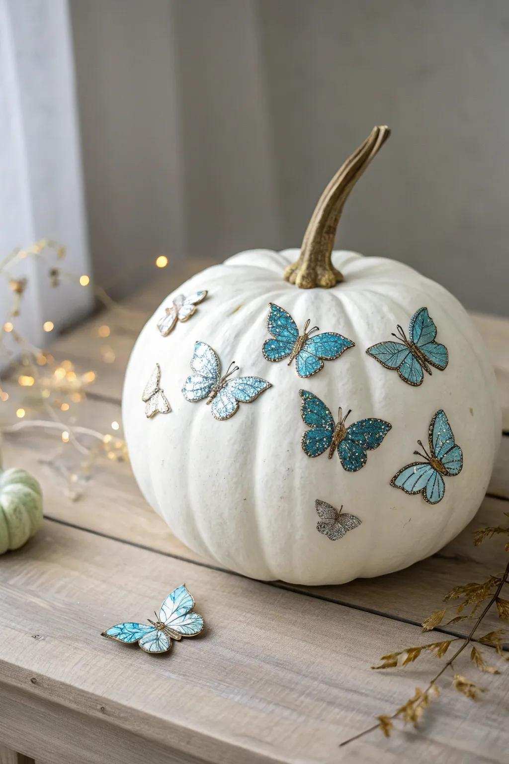 Transform your pumpkin into a whimsical masterpiece with dust lepidopterans—simplicity embraces enchantment.