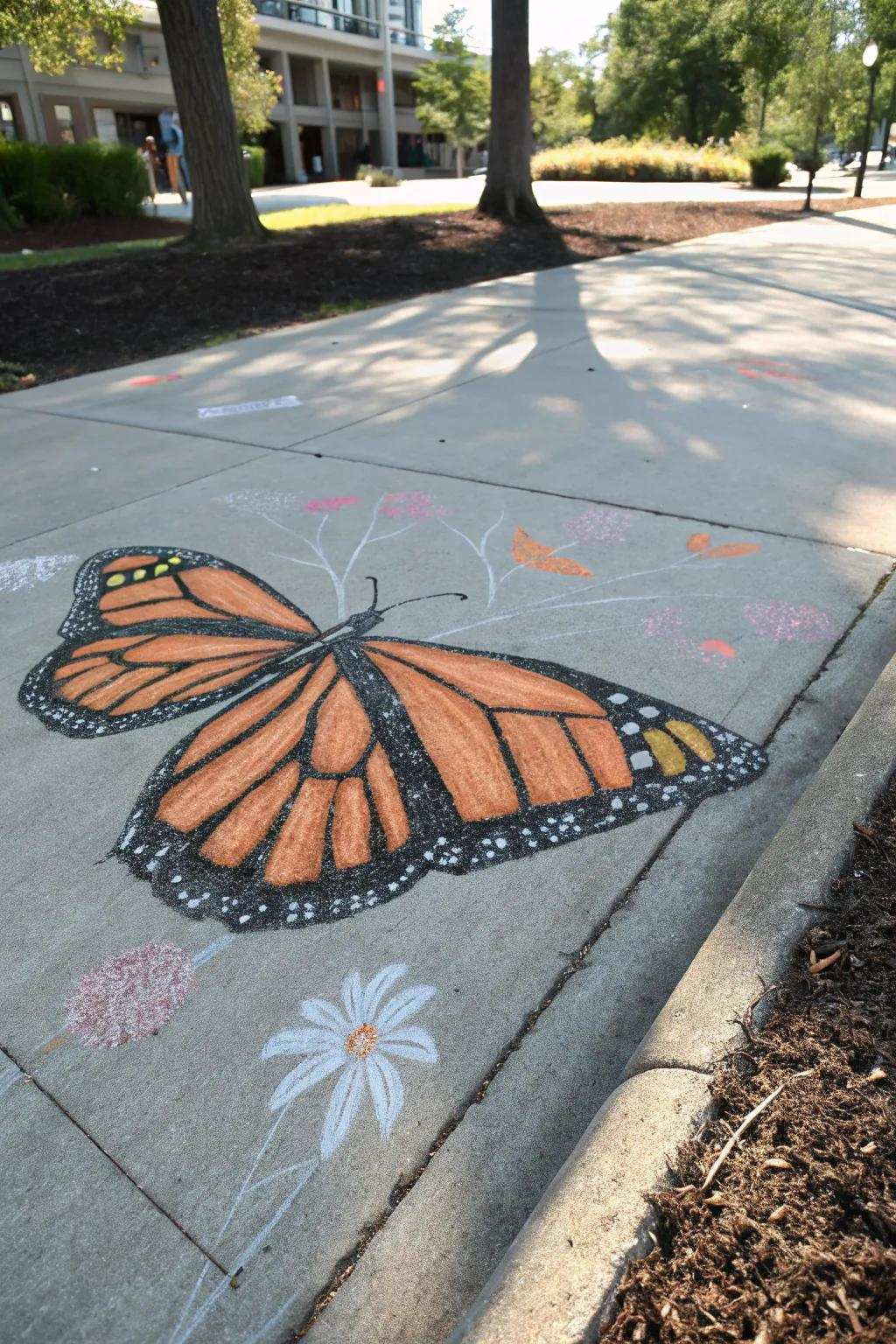 Transform your sidewalk into a canvas of beauty with stunning monarch butterfly chalk artwork. Embrace minimalism and artistry!